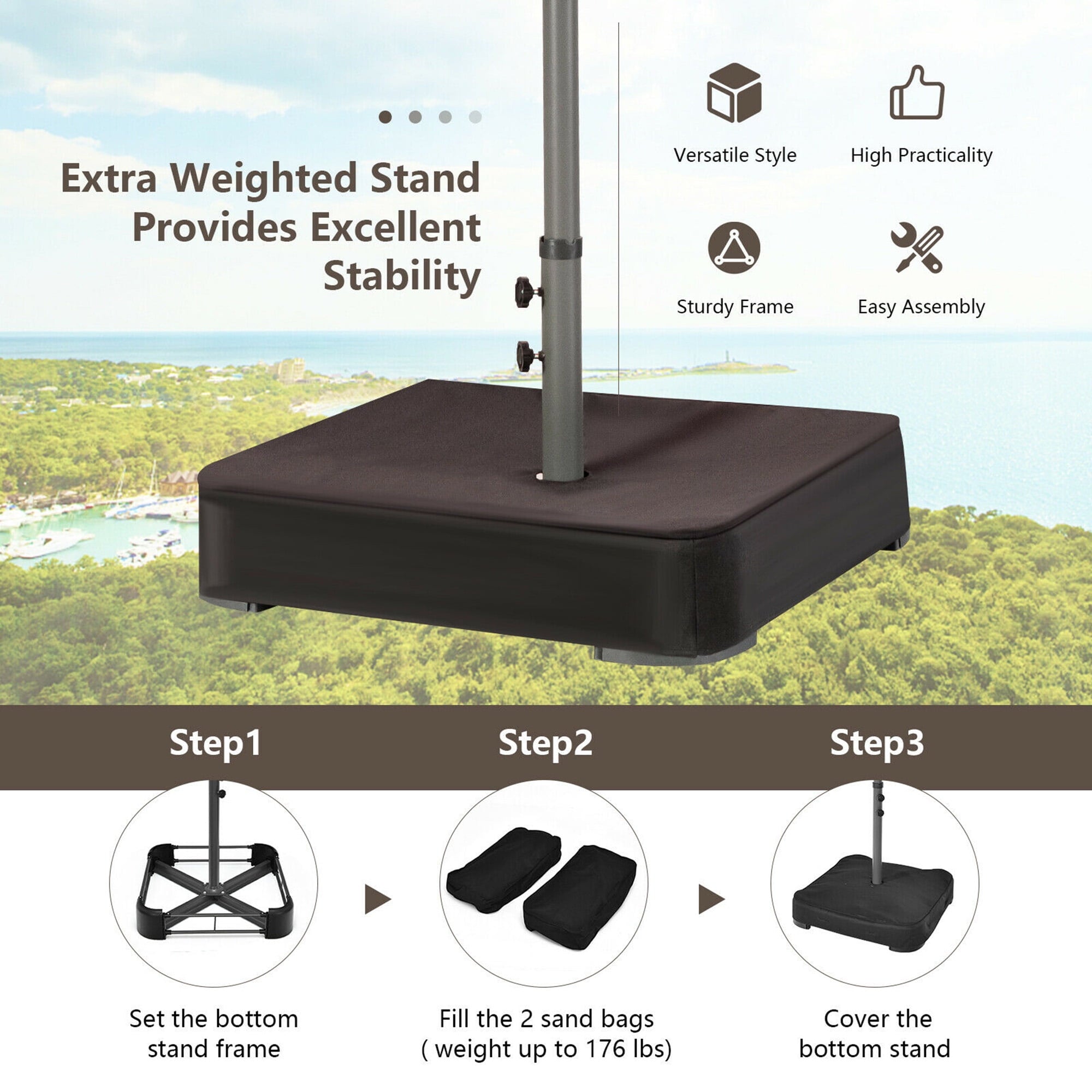 Gymax Outdoor 15' Double-Sided Patio Umbrella 48 Solar LED Lights Crank & Base Coffee