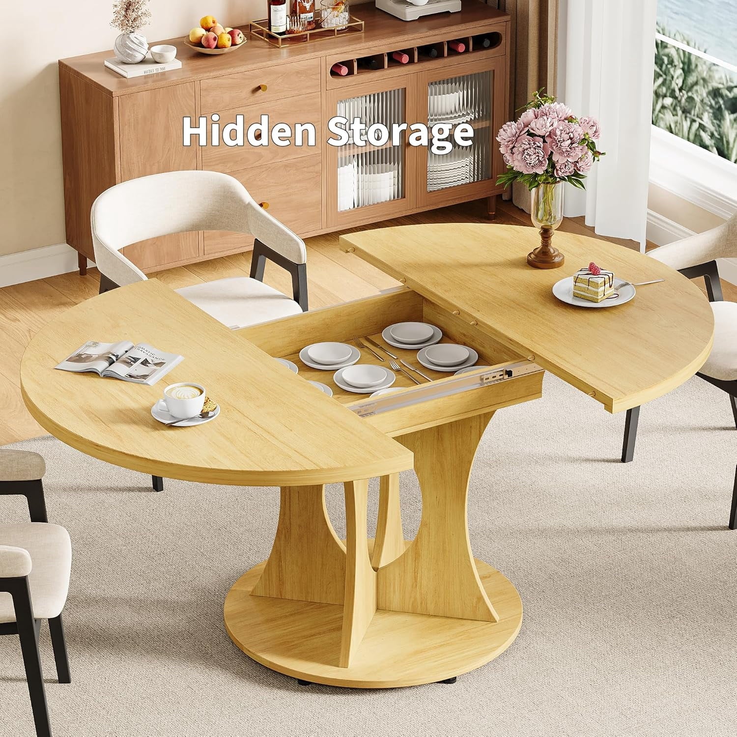 Laisnet 59 Extendable Wooden Dining Table for 8, Modern Kitchen Table with Hidden Storage, Black