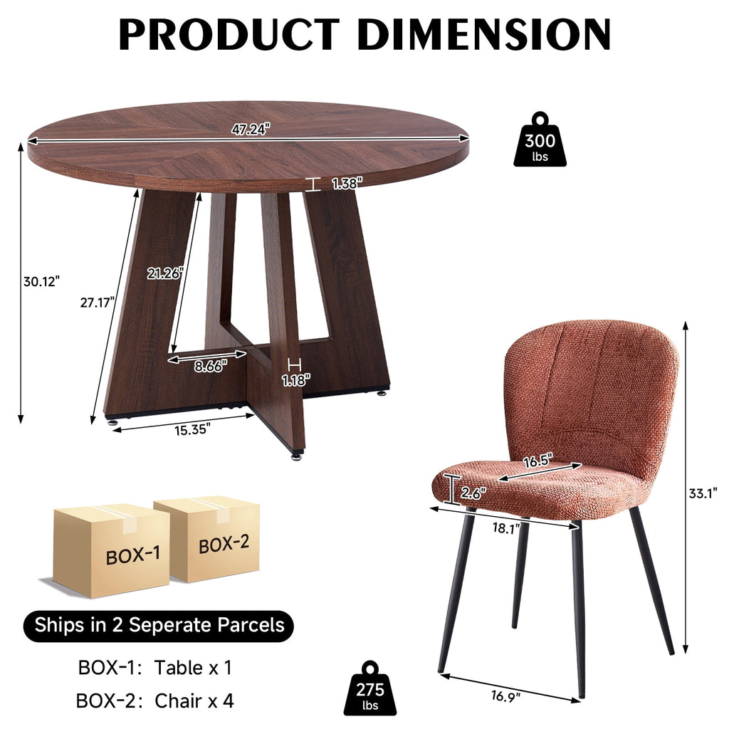5 Piece 47'' Round Dining Table Chairs Set for 4, Farmhouse Oak Kitchen Table with 4 Boucle Mid Century Modern Dinning Room Chairs, Wood Dinner Table &Upholstered Chair Set of 4, Beige