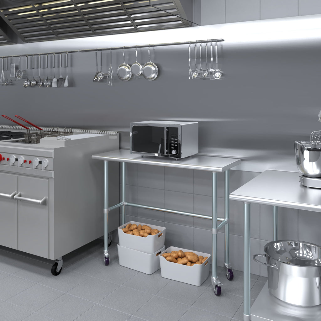 AmGood 36 Long x 30 Deep Stainless-Steel Work Table with Open Base and Wheels, Mobile Metal Table