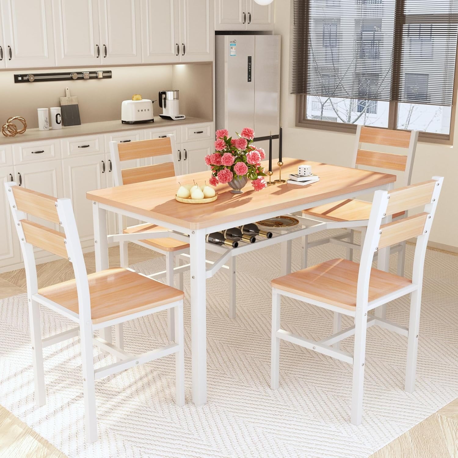 Baxluxe 4-person dining table set, farmhouse-style wooden kitchen dining table and chair set, farmhouse 5-piece dining table set with storage rack, small kitchen dining table set,Black