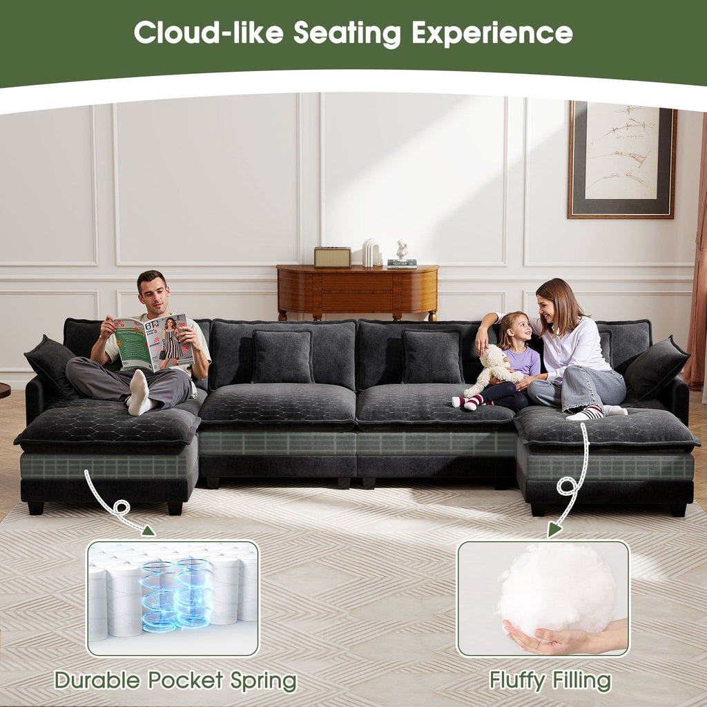 BedLuxury 111.5'' Modular Sectional Sofa with Movable Ottomans, U Shaped Cloud Couch for Living Room, 3-Seat, Grey