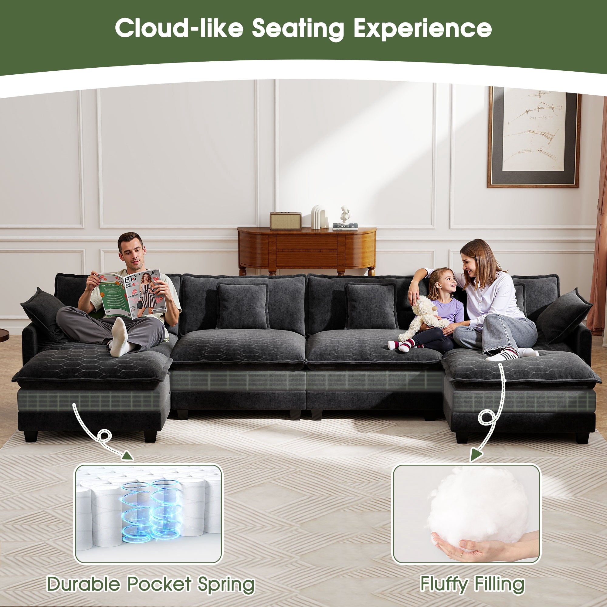 BedLuxury 111.5'' Modular Sectional Sofa with Movable Ottomans, U Shaped Cloud Couch for Living Room, 3-Seat, Beige
