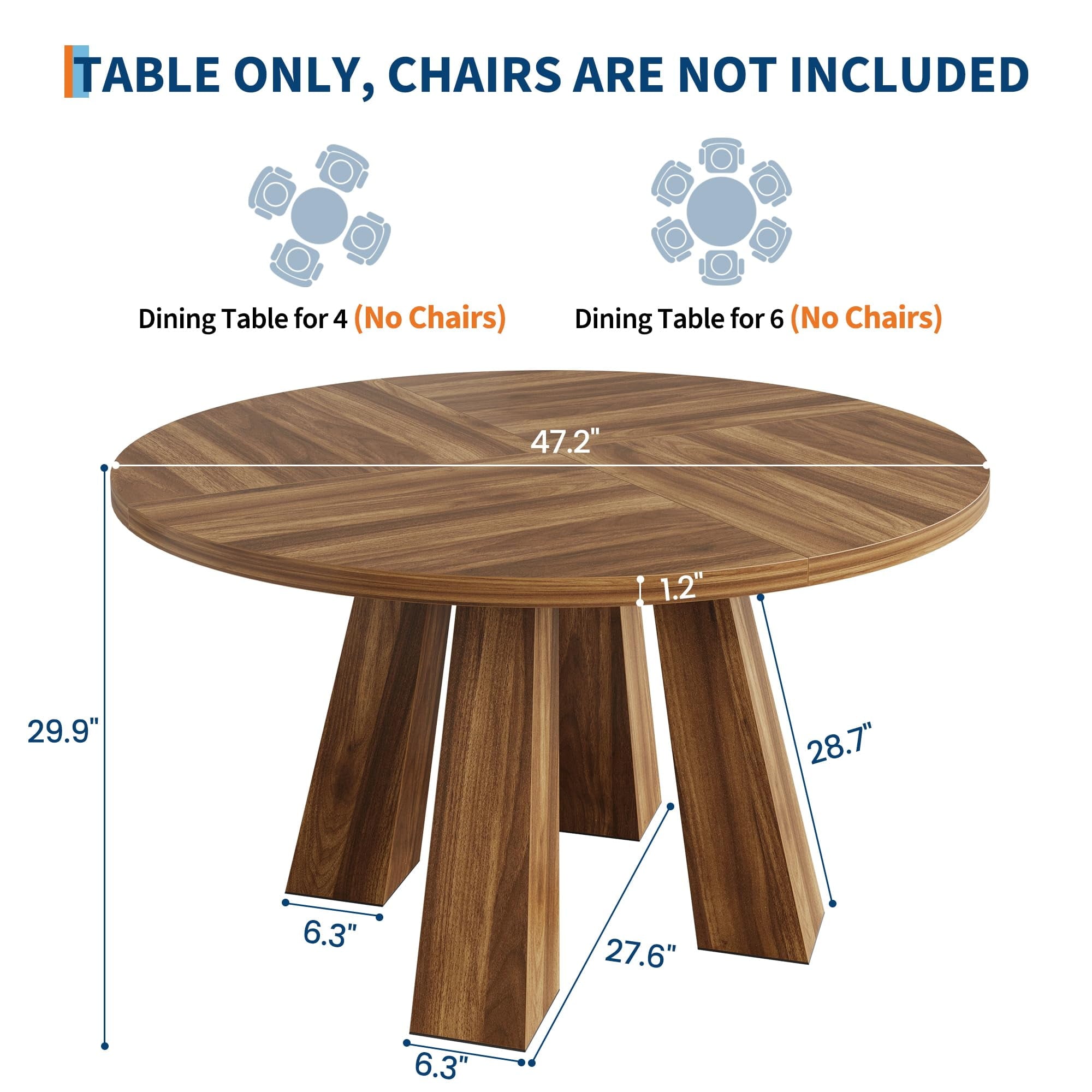 47 Round Farmhouse Dining Table for 4 | Sturdy Kitchen Table & Breakfast Nook Centerpiece Space-Saving Design for Dining Room (Table Only)