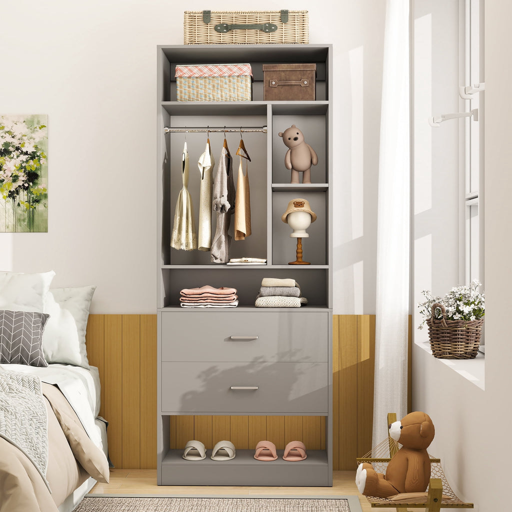 Homieasy Freestanding 24 Closet System with 2 Wood Drawers, 2FT Small Closet Organizer System with 6 Shelves & Hanging Rod, Walk-in Closet Systems for Small Closets, White