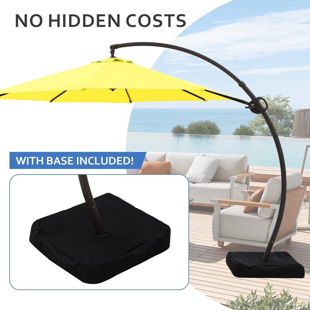 FUNDAZE 11ft Market Patio Umbrella with Base, Curved Cantilever Hanging Sun Shade with Crank & Tilt for Garden, Deck, Poolside,Beige