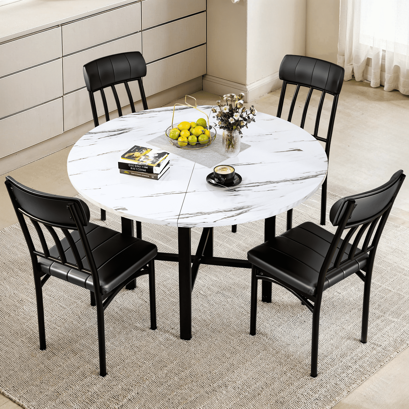 Lamerge Round Dining Table Set for 4,Wood Round Kitchen Table and Chairs Set for 4,Modern Dining Room Table Set with 4 Faux Leather Chairs,Round Dinner Table for Small Space,Brown