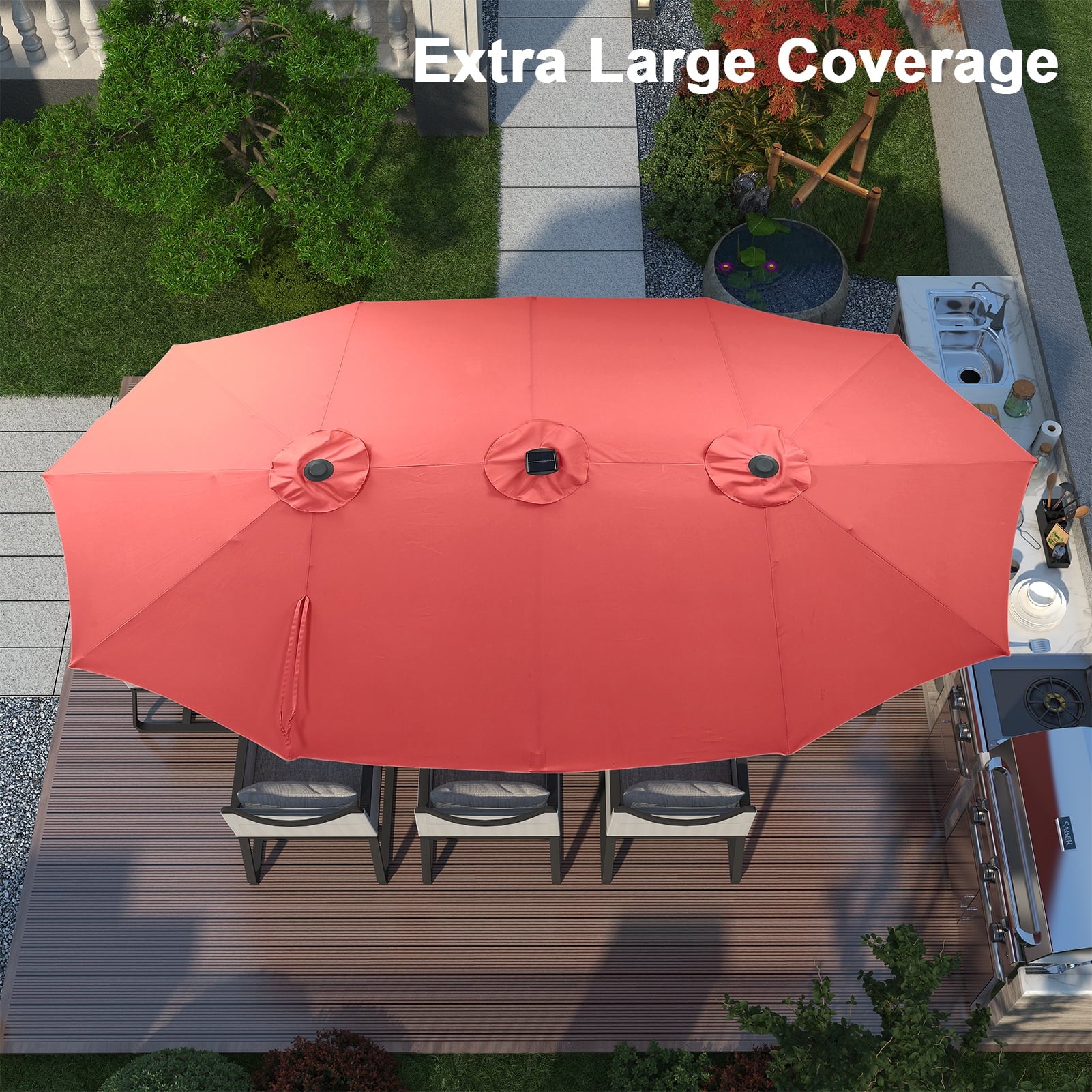 Ainfox 15ft Large Patio Umbrella with Solar Lights, Double-Sided Outdoor Rectangle Table Umbrellas with Sand Bag Base，Beige