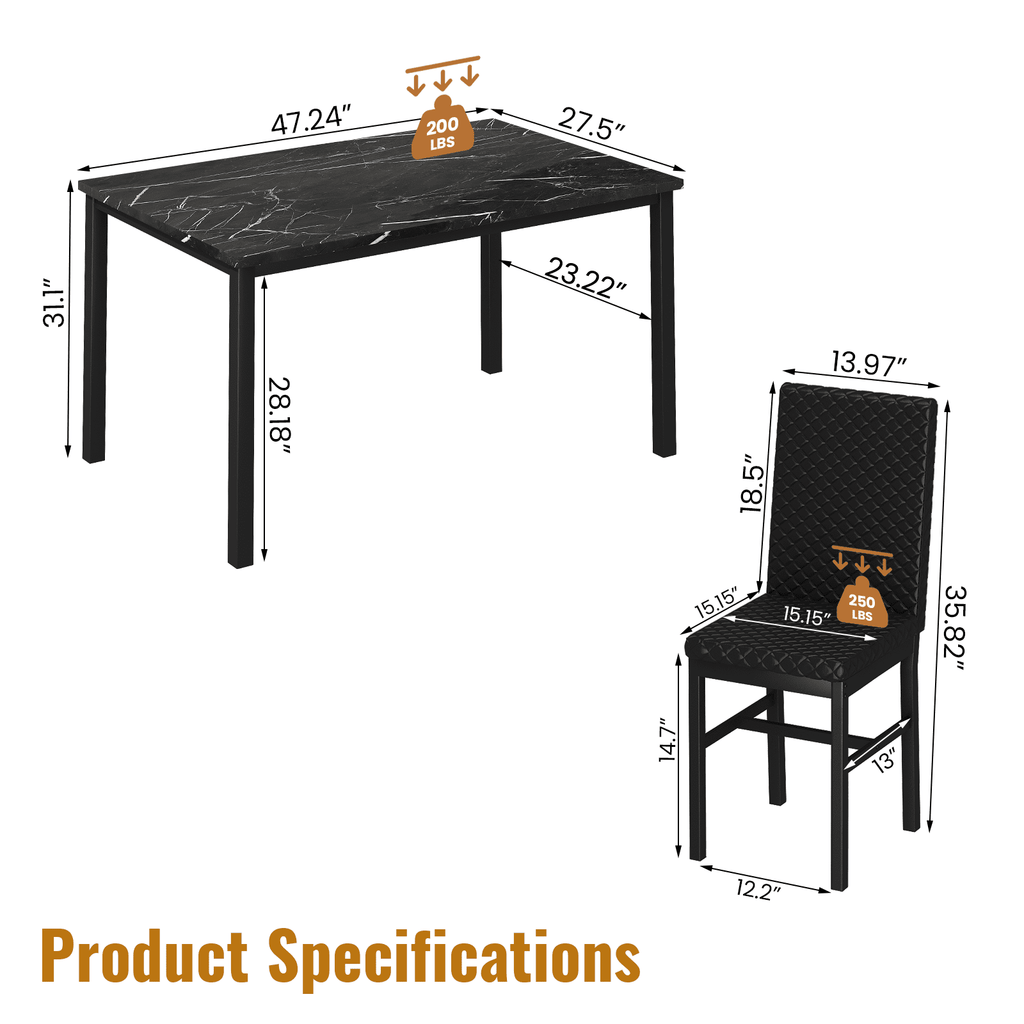 Cvortll 5 Piece Dining Table Set, Kitchen Table and Chairs Set for 4 with Faux Marble and 4 Velvet Upholstered Dining Chairs for Home, Restaurant, Black & Black