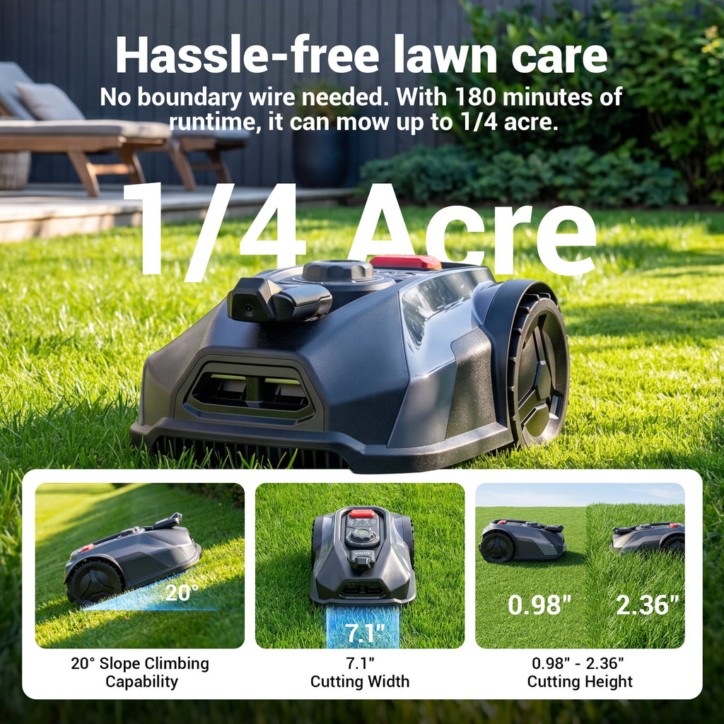 Steelite 20V 4.0Ah Robotic Lawn Mower (1/4 Acre), Bluetooth & WiFi App Control,Boundary-Free Cordless Robot Lawn Mower with Obstacle Detection, 3 Brushless Motors, ,Auto-Charging Lawn Mower for Yards