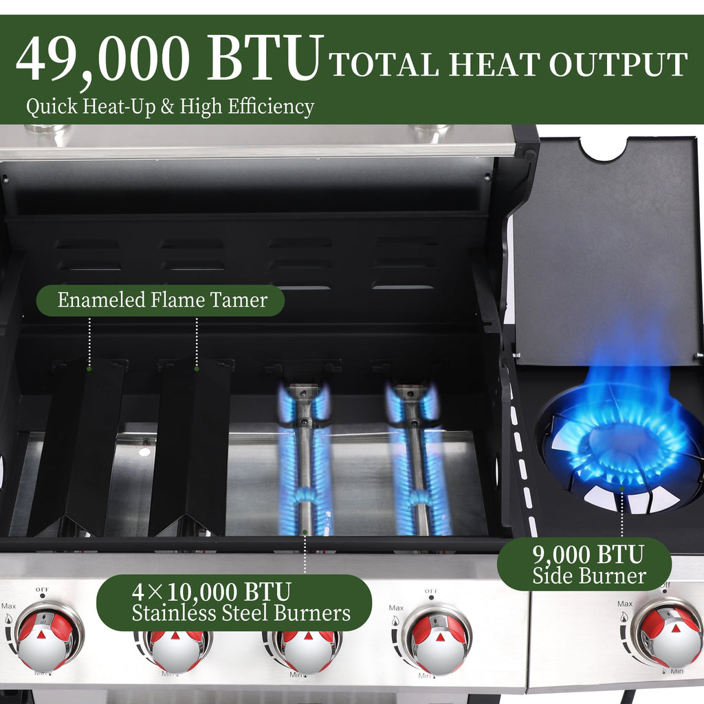 4 Burner Propane Gas Grill Combo w/Side Burner, 3-in-1 BBQ Grill with Charcoal Smoker & Griddle Plate, 46,750 BTU, 448 Sq.In. Stainless Steel Outdoor Cooking Station