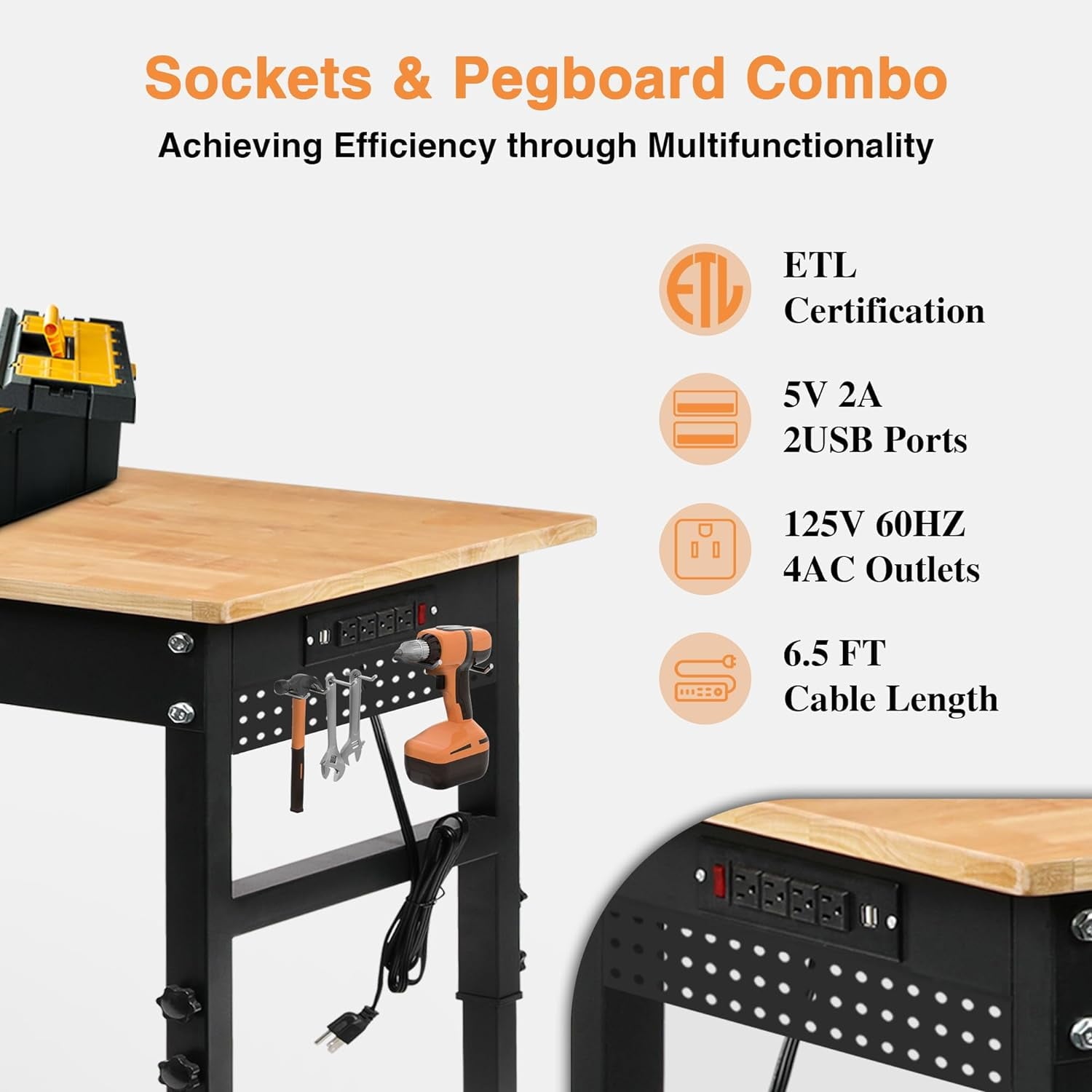 Tolead 60 Heavy-Duty Adjustable Workbench with Power Outlets, Rubber Wood Shop Table, Metal Wheels, Workstation