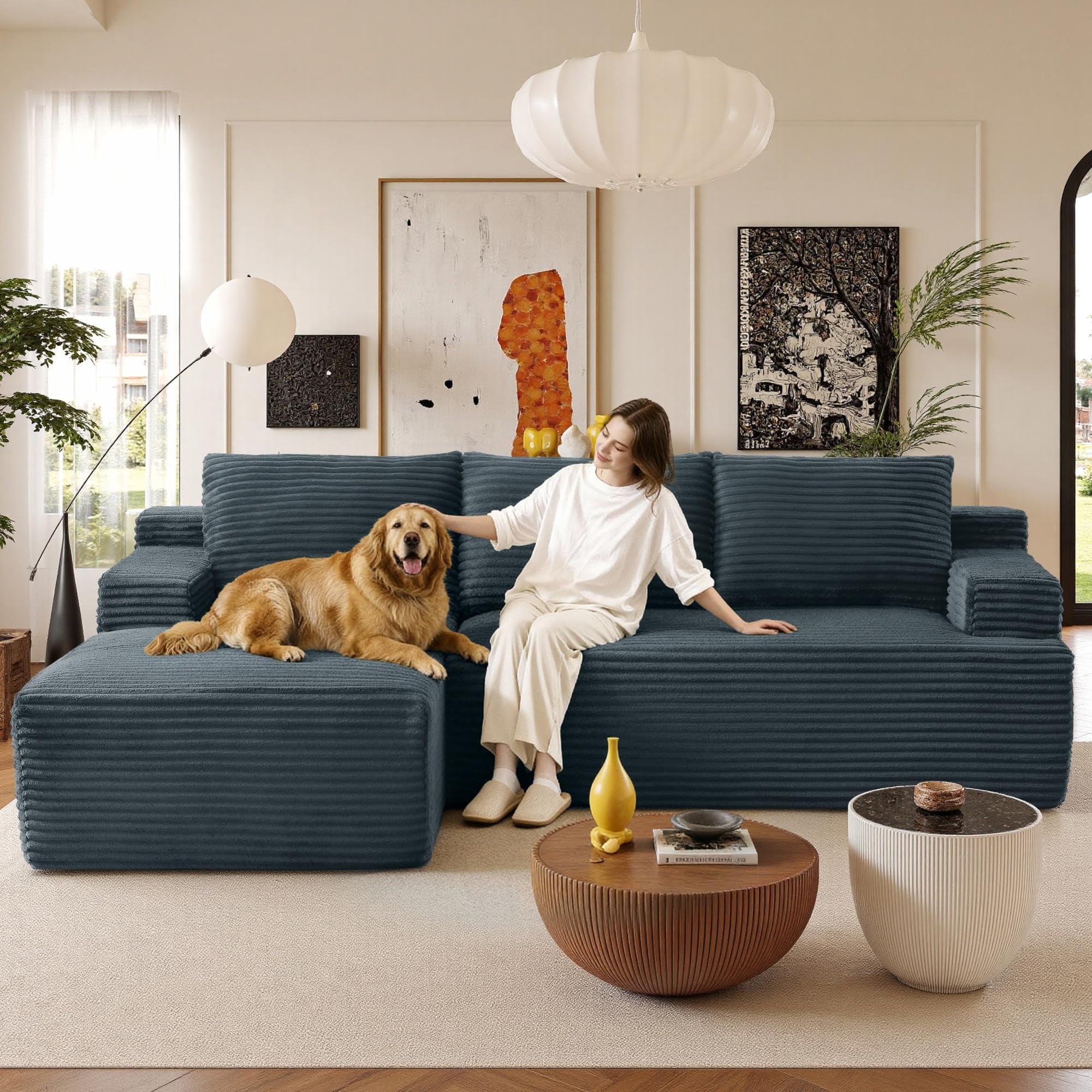 96 L-Shaped Sectional Couches for Living Room, Modular Cloud Couch with Chaise, Corduroy Deep Seat Boneless Sofa, No Assembly, Black
