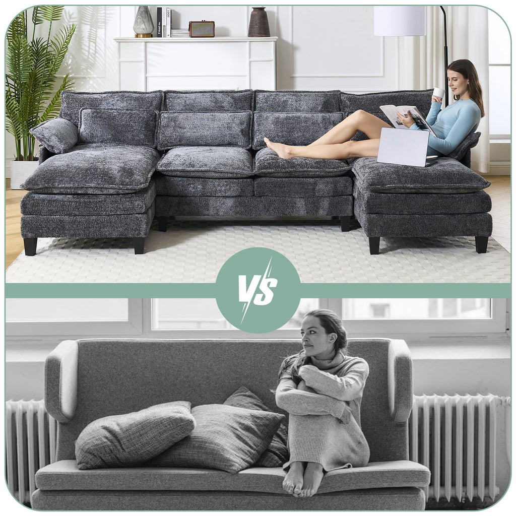 JONPONY109.45 U Shaped Couch,Oversized 4 Seat Sectional with 4 Waist Pillows, Convertible Upholstery Symmetrical Sofá,Sleeper Sofa Couch with Double Chaise Lounge &Memory Foam for Living Room, Beige