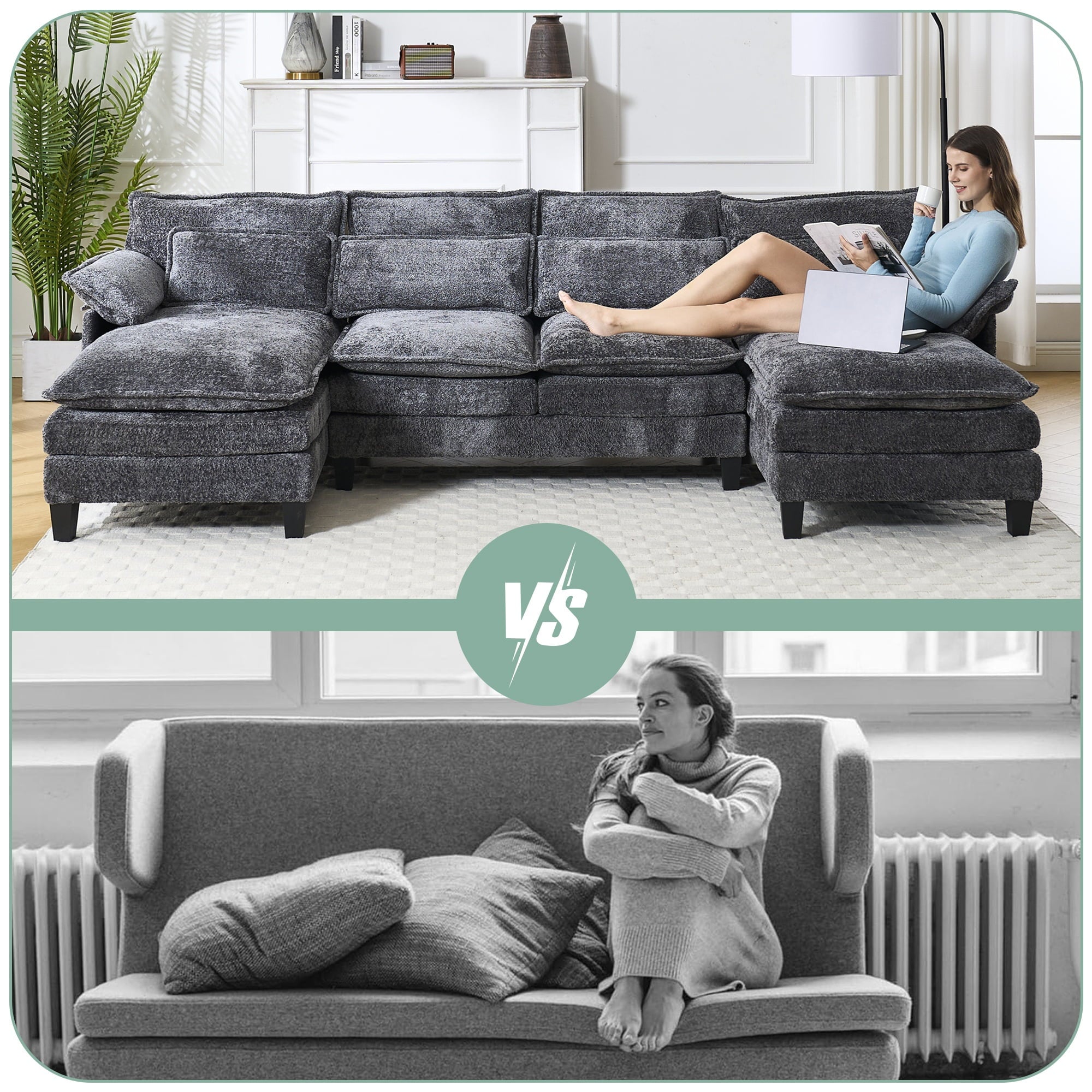 JONPONY109.45 U Shaped Couch,Oversized 4 Seat Sectional with 4 Waist Pillows, Convertible Upholstery Symmetrical Sofá,Sleeper Sofa Couch with Double Chaise Lounge &Memory Foam for Living Room, Beige