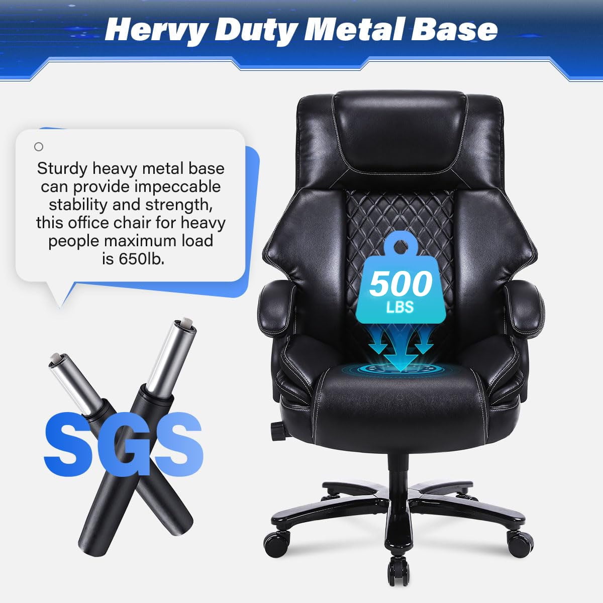 JONPONY Leather Office Chair, Big and Tall 500lbs Ergonomic Desk Chairs with Back Support, Executive Leather Chair with Wheels for Home Office, with Adjustable Padded Armrest & Lumbar Support , Black