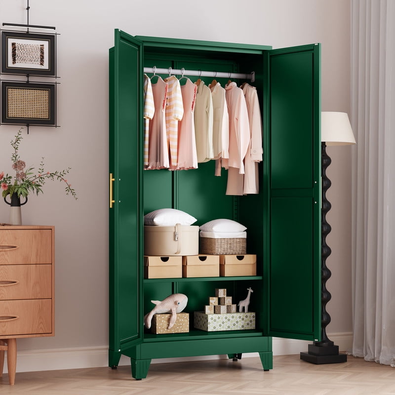 Ero Metal Freestanding Armoire Wardrobe Closet with Hanging Rod and Mirror