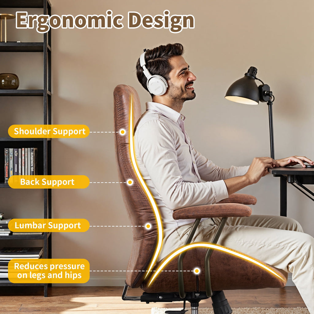 Toject Ergonomic Office Chair, High Back Big Comfy Home Office Chair with Lumbar Support, Mid-Century Modern Computer Executive Office Chair, Brown