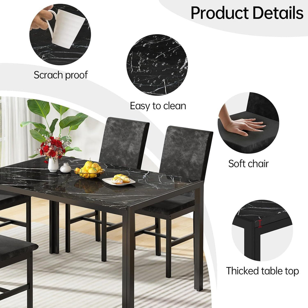 MOOSENG 5-Piece Dining Table Set with Faux Marble Top, Modern Kitchen Table and Set of 4 Grey Velvet Upholstered Chairs, Space-Saving Dinette Set for Small Spaces
