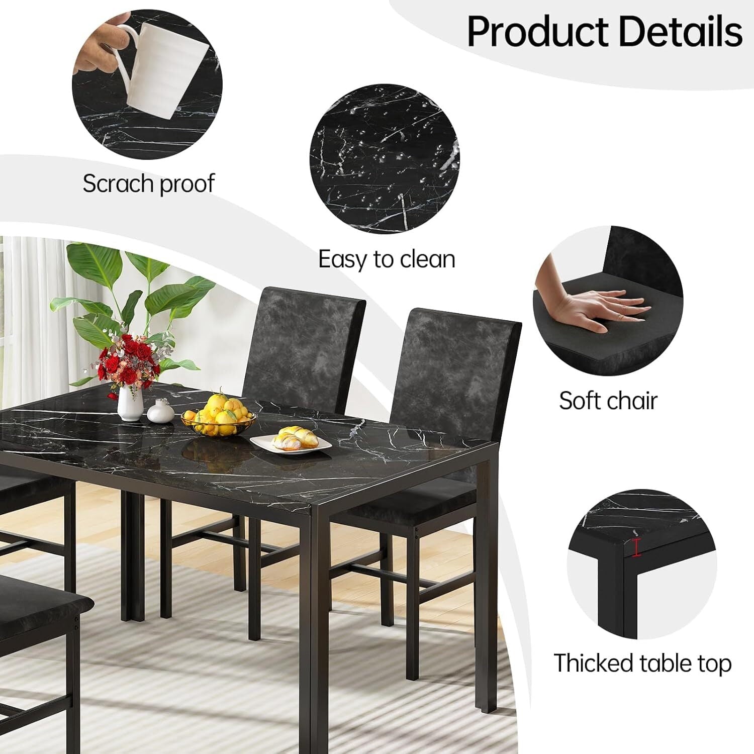 MOOSENG 5-Piece Dining Table Set with Faux Marble Top, Modern Kitchen Table and Set of 4 Grey Velvet Upholstered Chairs, Space-Saving Dinette Set for Small Spaces