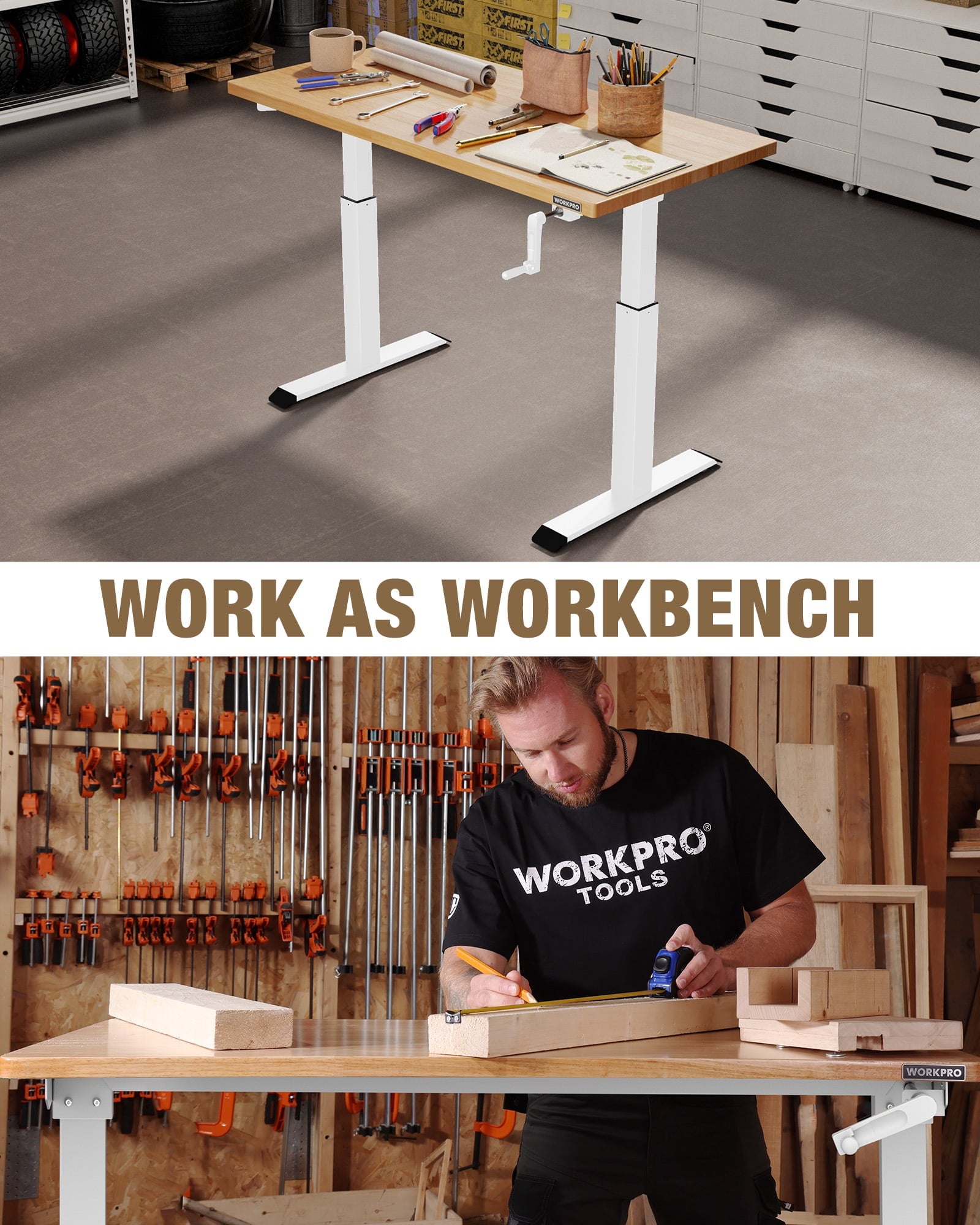 WORKPRO 300 lbs Height Adjustable Workbench with Crank Handle, 47.2x 23.6 Rubberwood Work Table, Comfortable Standing Desk for Home Workshop Office, White