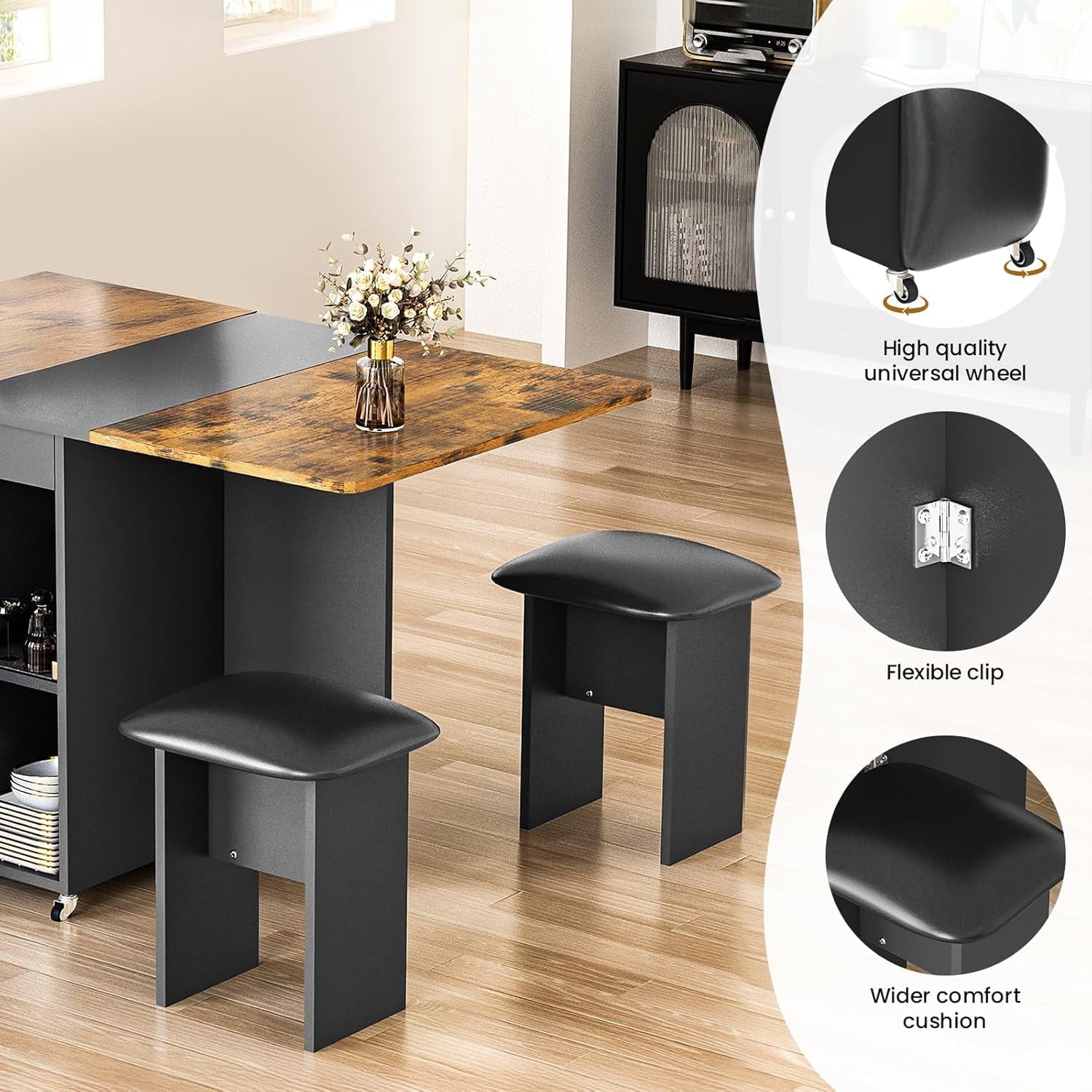 MIERES Folding Dining Table Set for 4, Dinner Table with 4 Leather Chairs and Shelves, Space Saving Foldable Dining Table with 6 Wheels, Kitchen Table for Small Spaces (Grey)