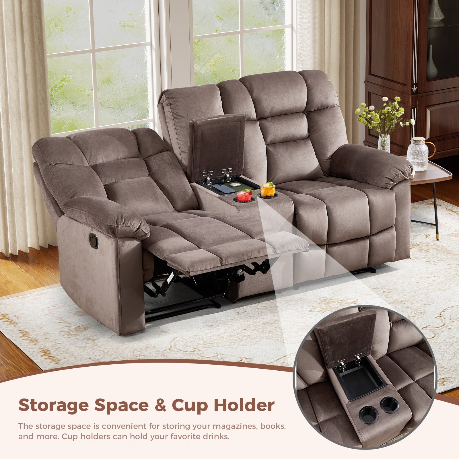 Bonzy Home Brown Manual Recliner Sofa Set with Single Seat, Loveseat, Hidden Storage and Cup Holders