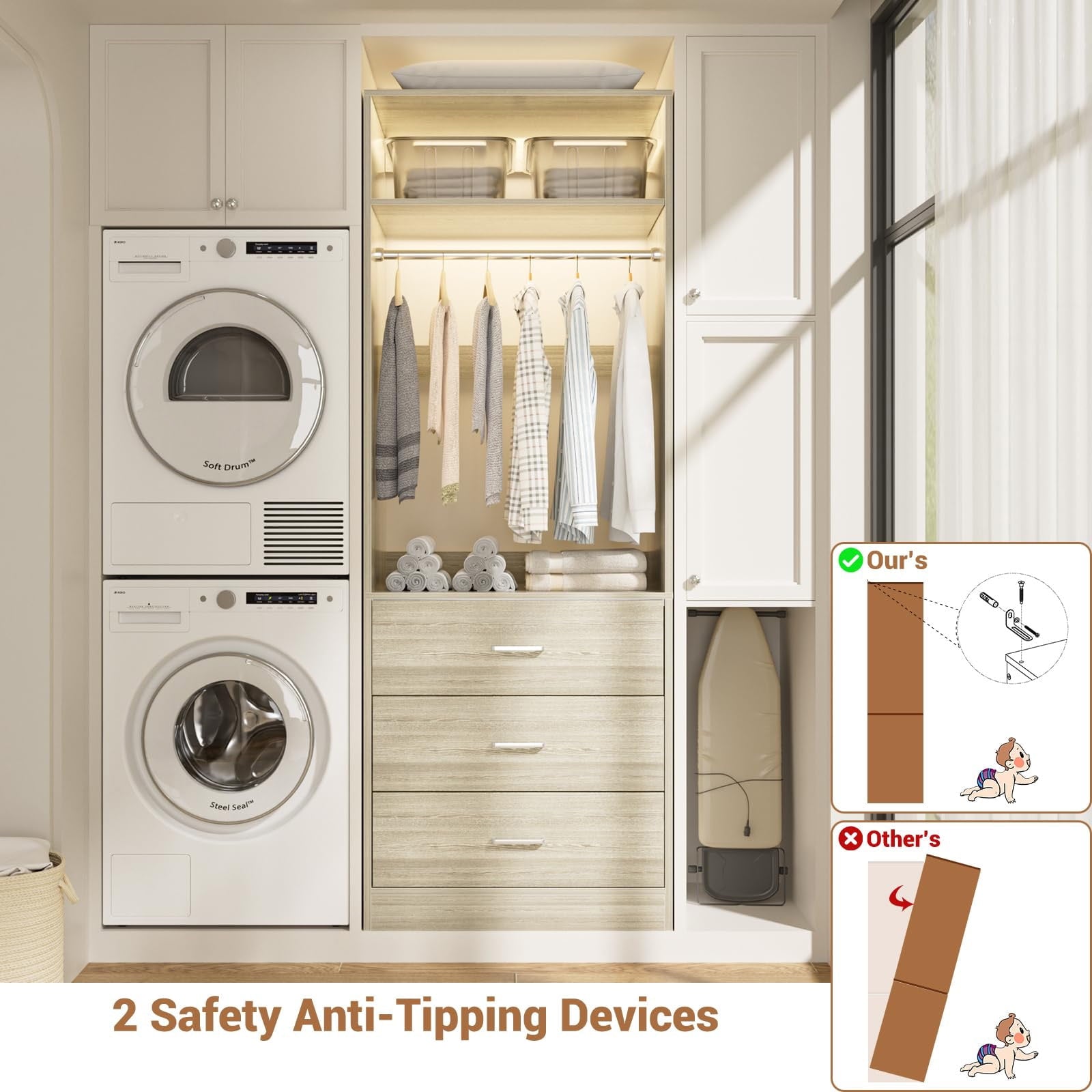 Homieasy Freestanding 2FT Closet System with 3 Wood Drawers, 24 Closet Organizer System with Hanging Rod & Shelves, Walk-in Closet Systems for Small Closets, White
