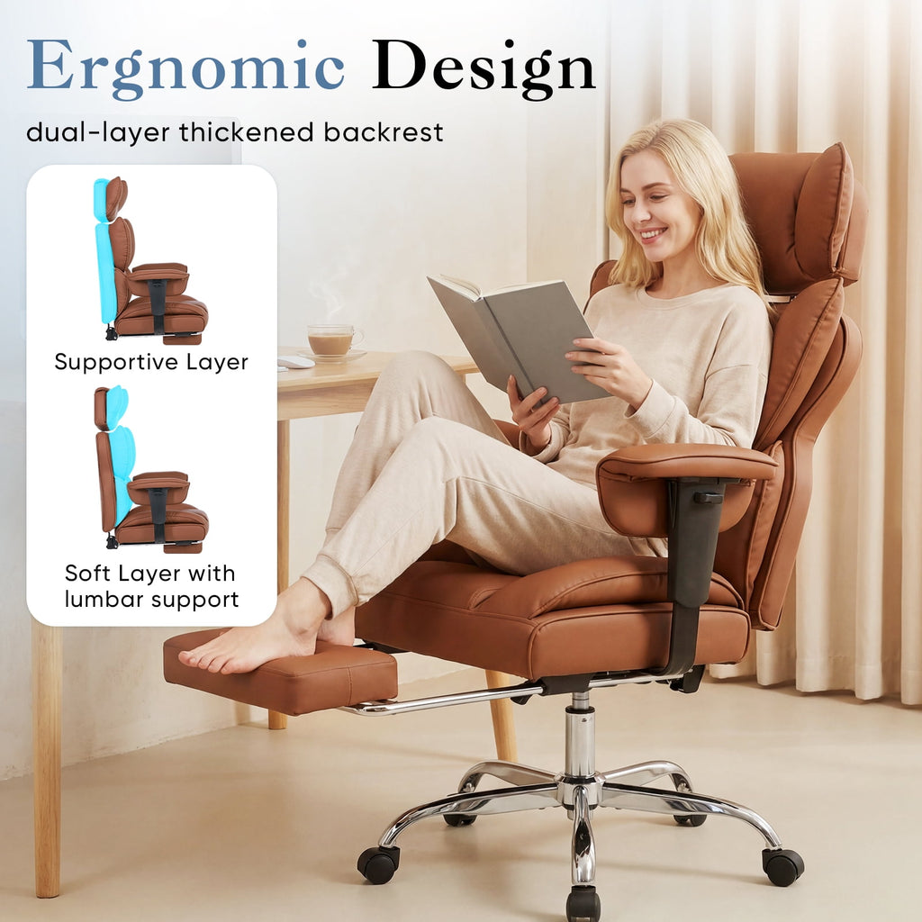 CONCETTA Ergonomic Office Chair 400LBS for Big & Tall, Heavy Duty Desk Chair with Reclining Back, Footrest, Luxurious PU Leather, Black
