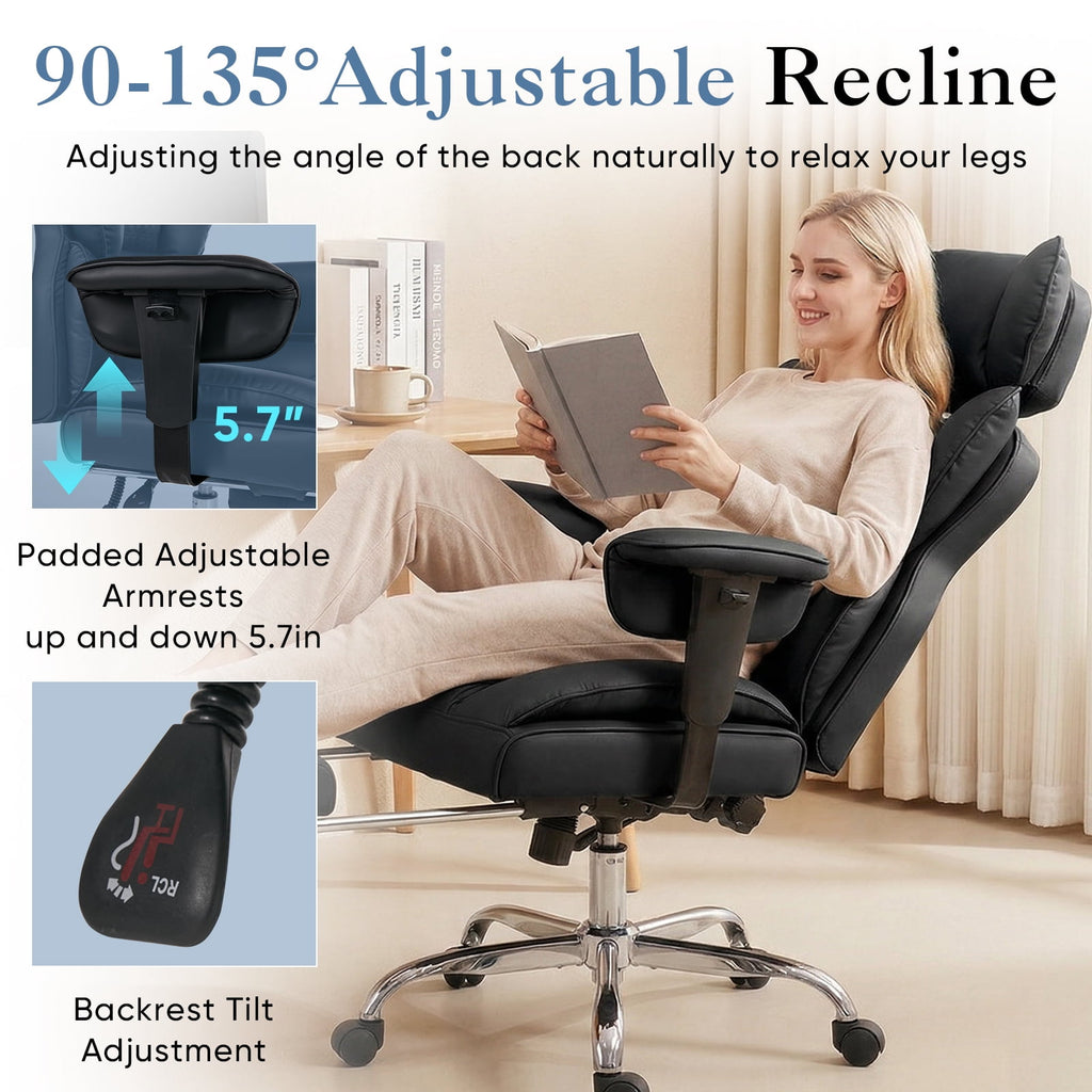 CONCETTA Ergonomic Office Chair 400LBS for Big & Tall, Heavy Duty Desk Chair with Reclining Back, Footrest, Luxurious PU Leather, Black