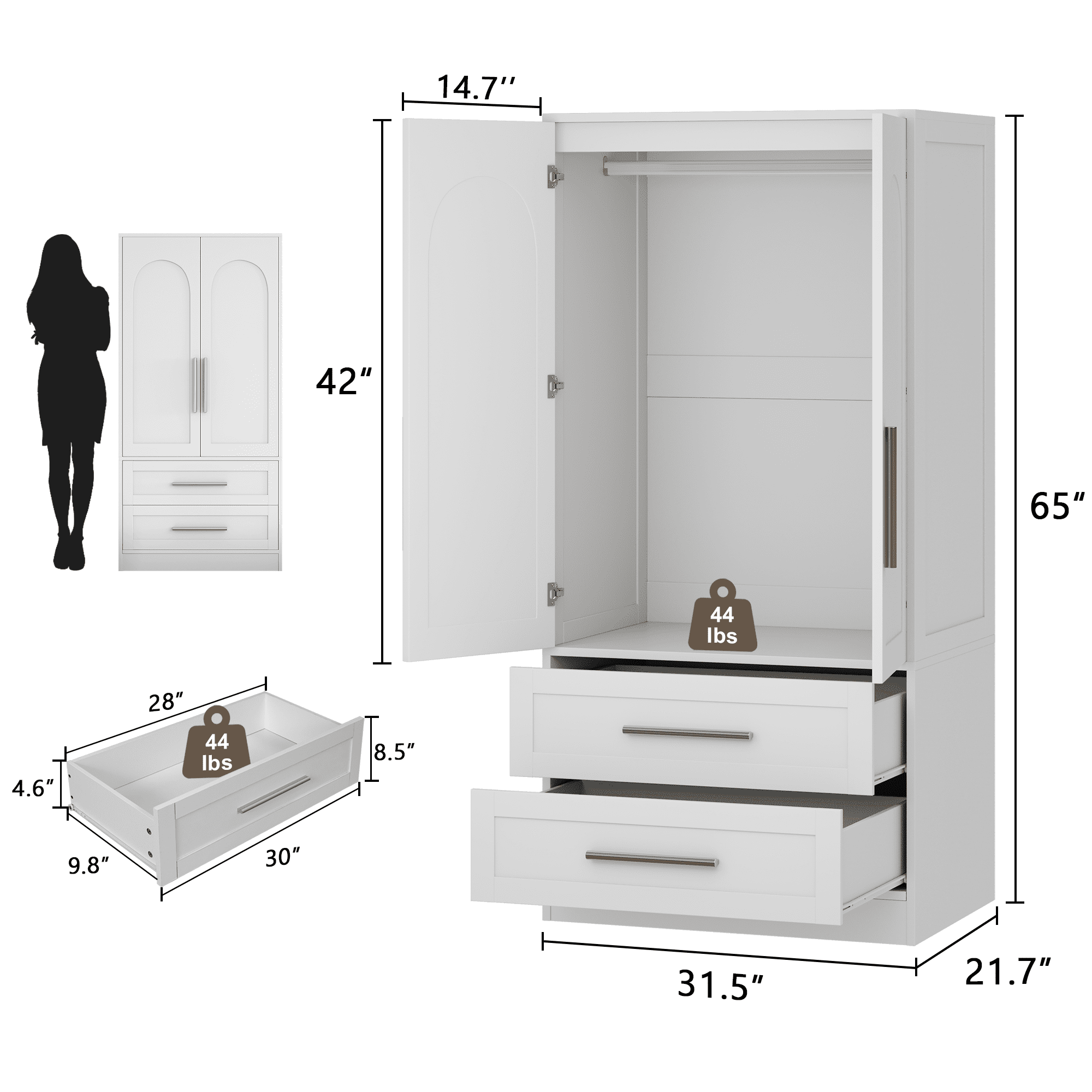 iPormis Wooden Armoire Wardrobe Closet with 2 Drawers, Clothing Storage Cabinet with Shelves Aluminum Hanging Rod, Sturdy Freestanding Modern Bedroom Clothing Armoires, White