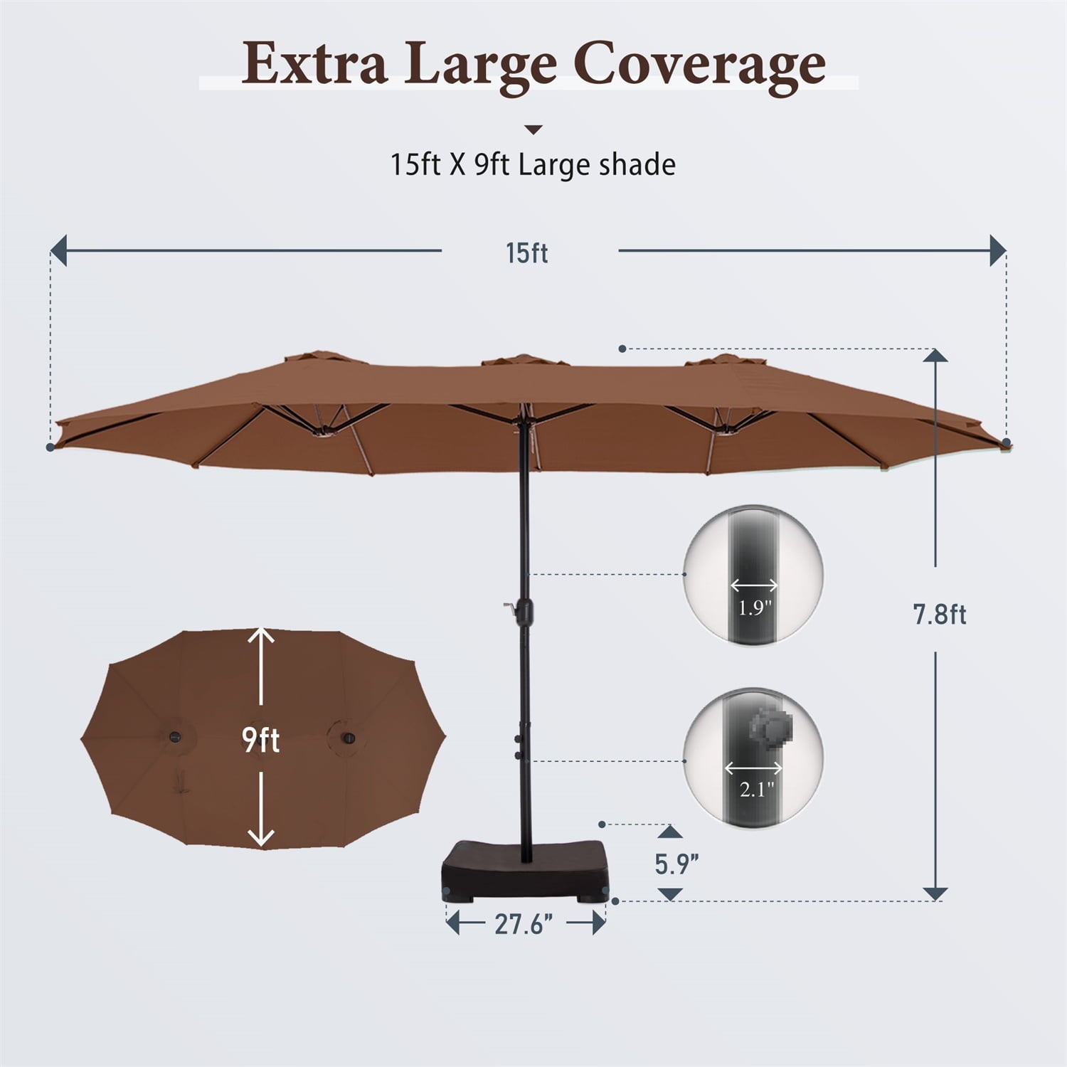 SUMMIT LIVING 15 ft Large Patio Umbrella with Base (Included) Double-Sided Rectangular Outdoor Deck Umbrella for Outside - Beige
