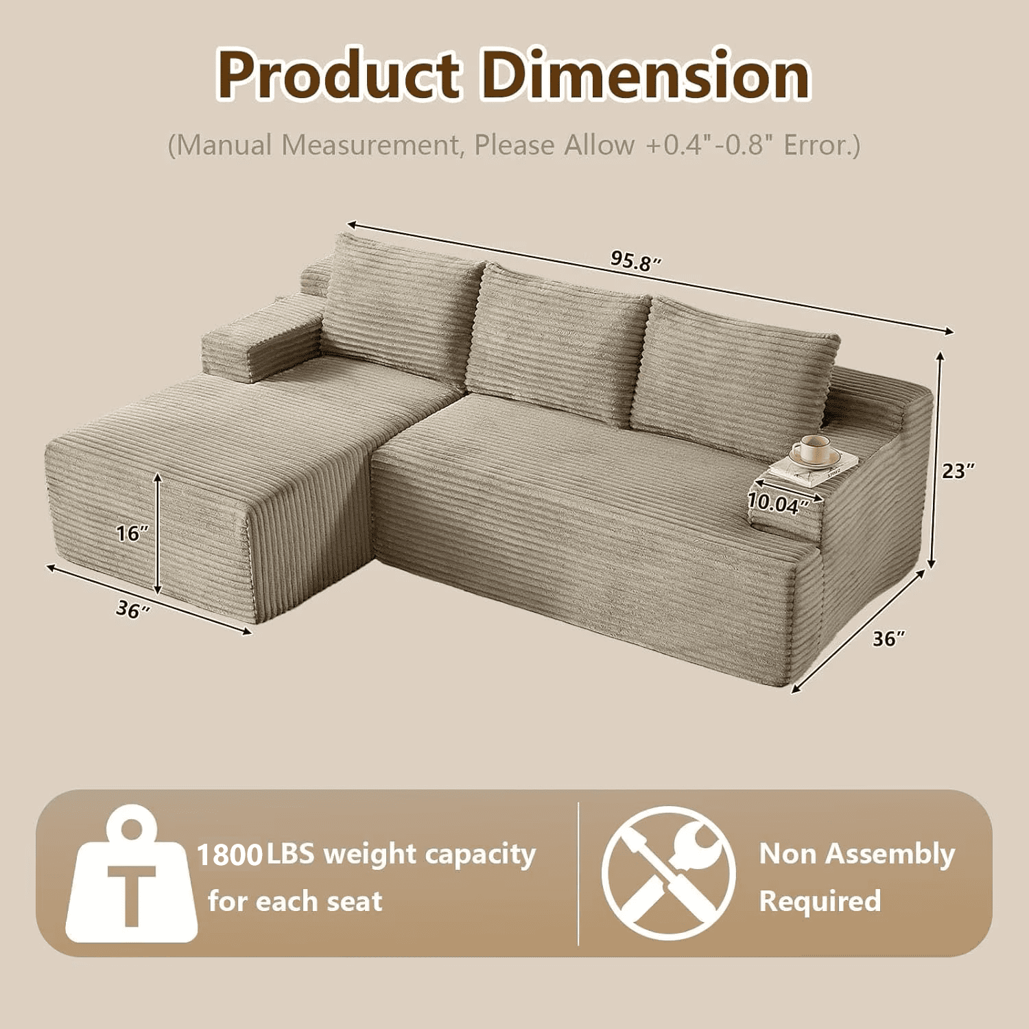 96 Boneless Cloud Couch with Chaise, Modular Sectional Sofa for Living Room, No Assembly Required, Deep Seat Corduroy Couch, Green