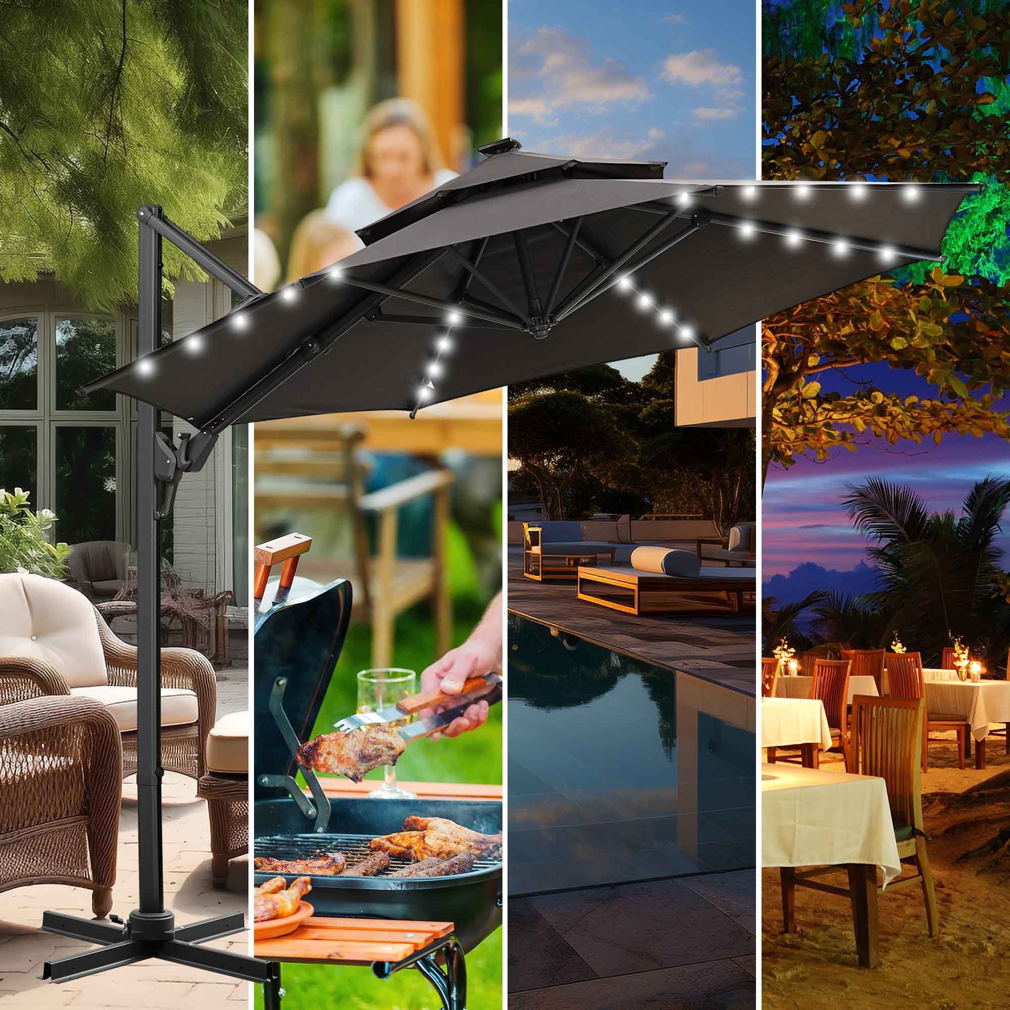 Ainfox 10ft Double Top Heavy-Duty Patio Cantilever Umbrella with lights and Cross Base, Outdoor Large Offset Hanging Aluminum Rotation Sun Shade Solar Umbrella with 360°Rotation Adjustable,Khaki