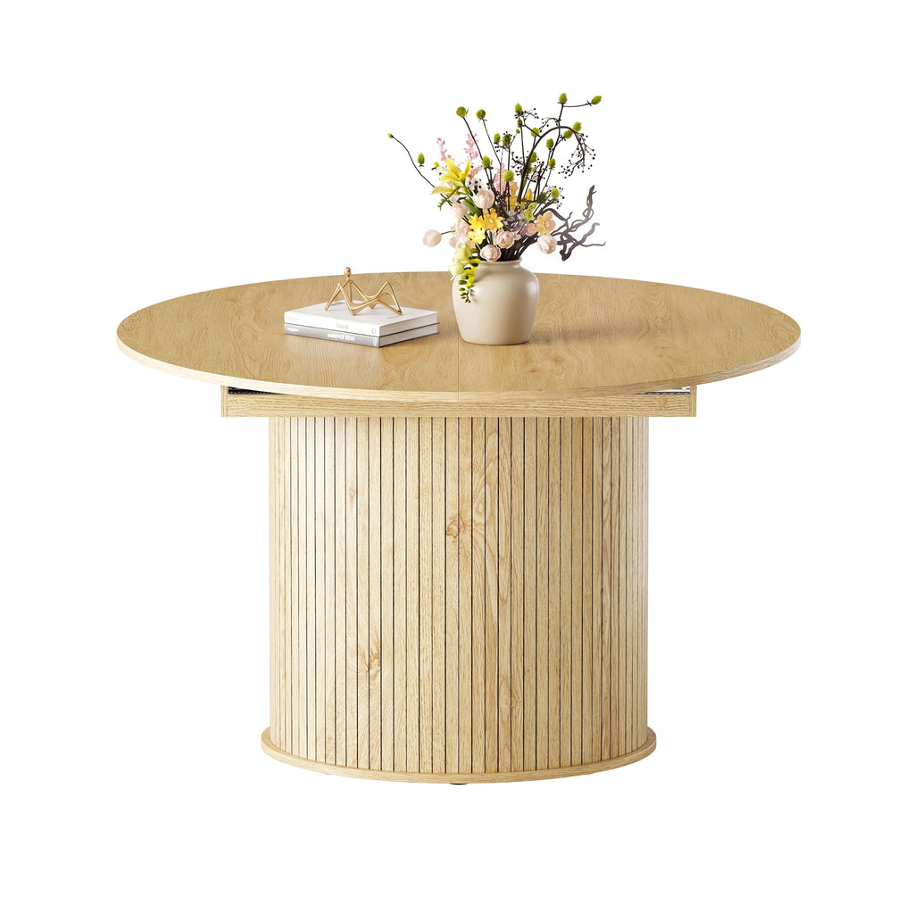 EOP 47″- 63″ Extendable Round Dining Table for 4-6, Wooden Kitchen Table with Hidden Storage and Fluted Sliding Door Cabinet, Modern Space-Saving Table for Dining Room Kitchen, Natural Wood