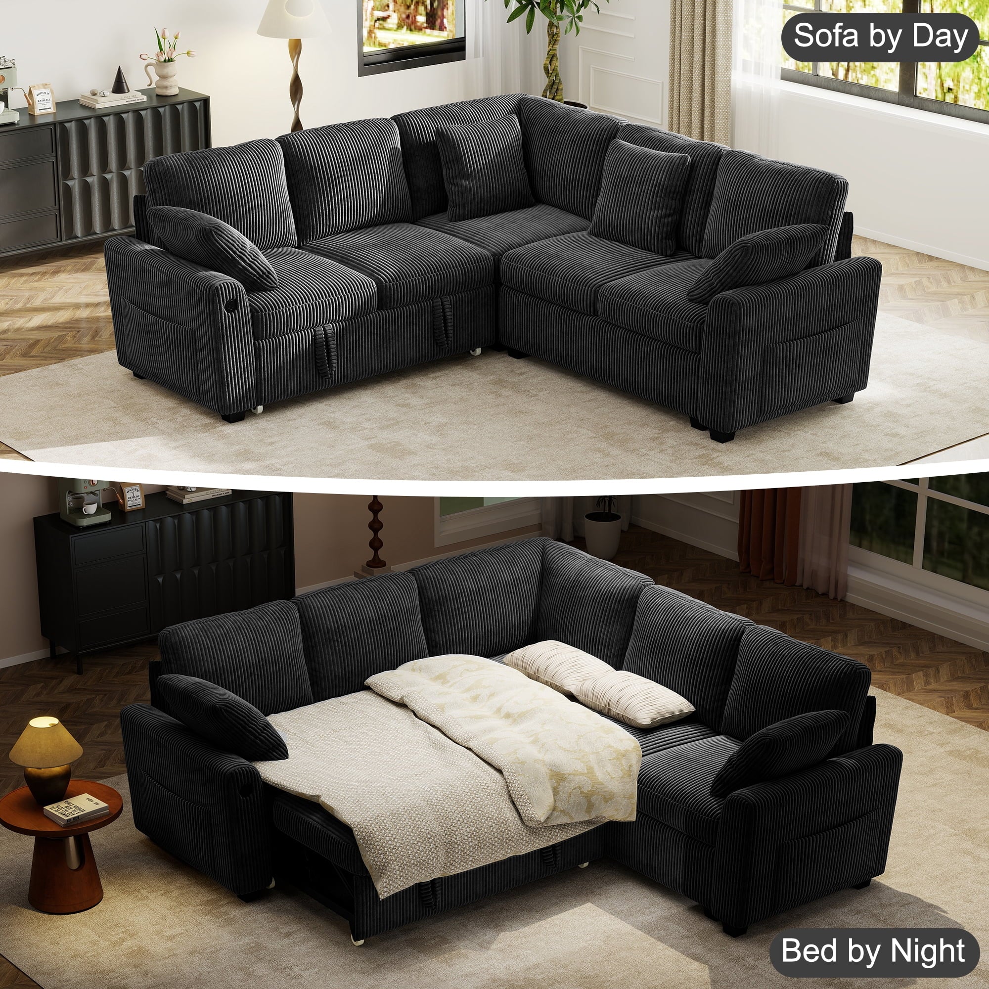 BedLuxury 83 Sectional Sleeper Sofa With Pull Out Bed, Storage Seat & USB Charging, L Shape Modern Couch for Living Room, Corduroy Gray