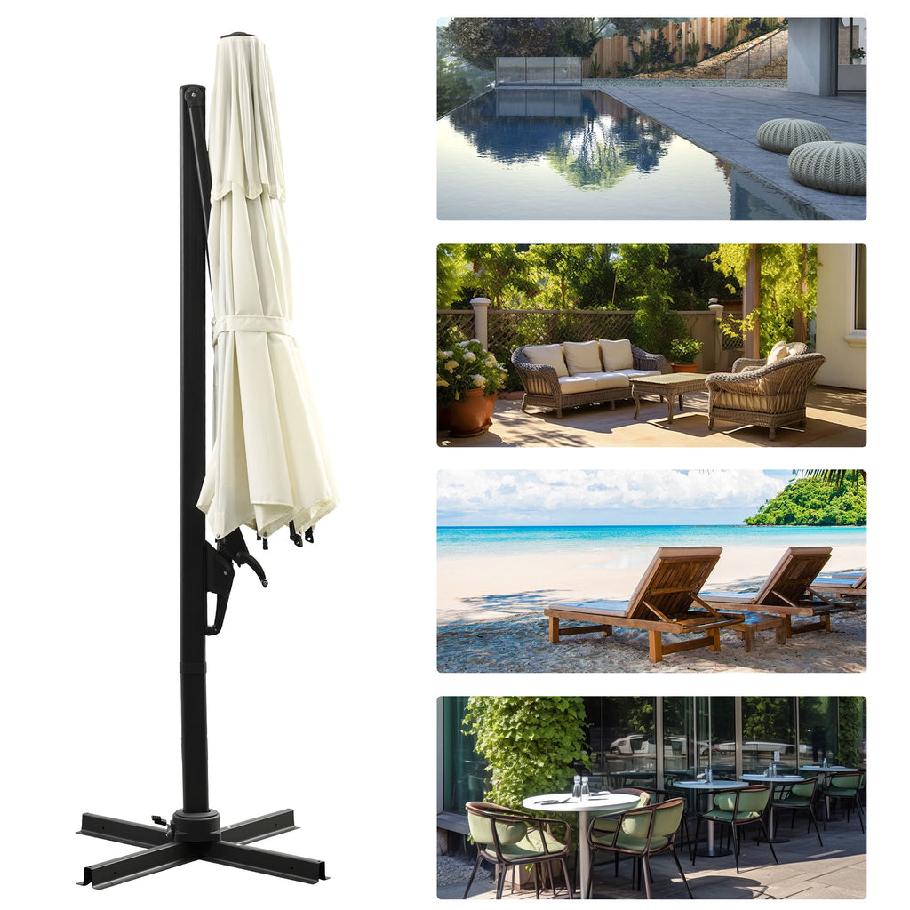 Ainfox 10ft Double Top Heavy-Duty Patio Cantilever Umbrella with lights and Cross Base, Outdoor Large Offset Hanging Aluminum Rotation Sun Shade Solar Umbrella with 360°Rotation Adjustable,Khaki