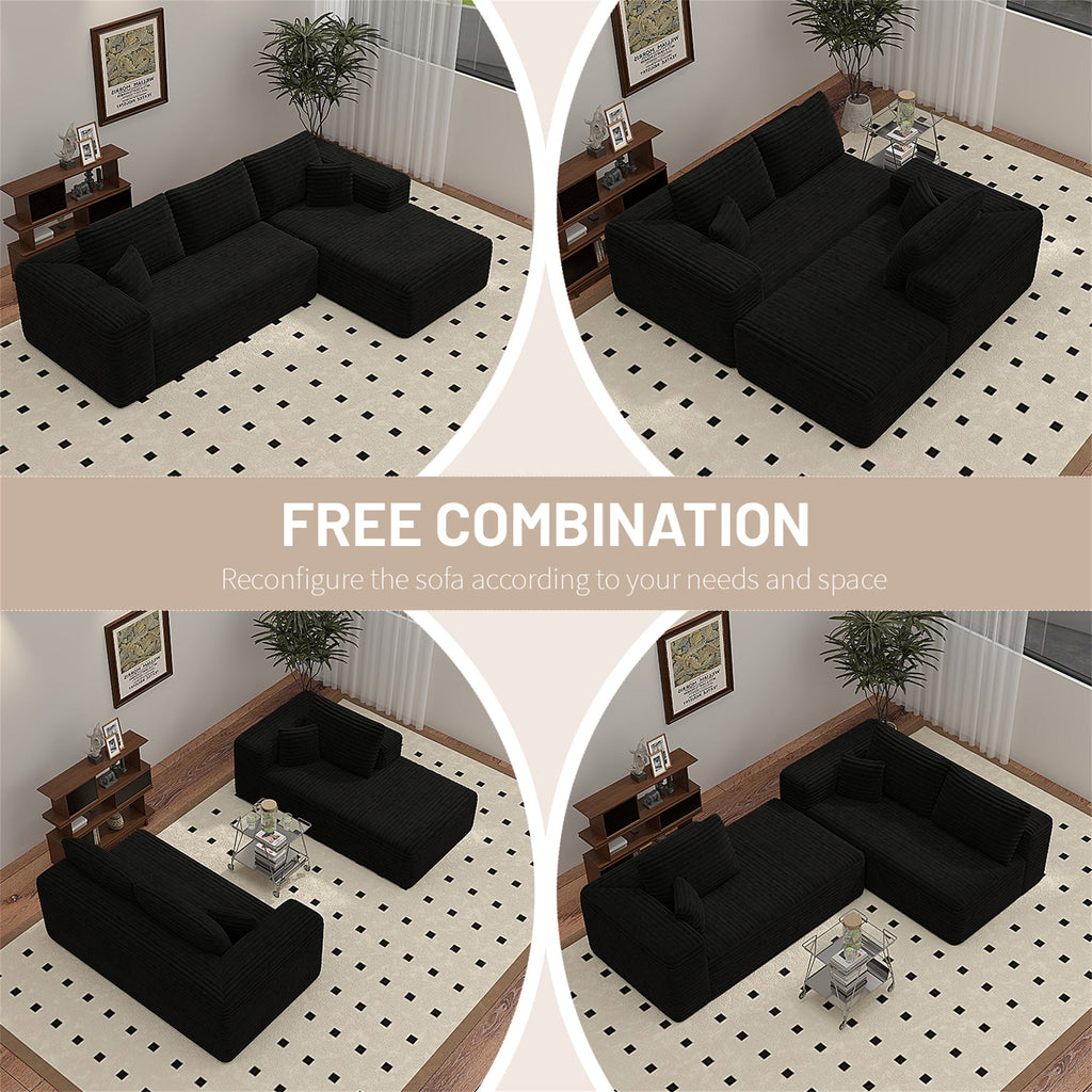Aukfa 95 Cloud Sectional Sofa Deep Seat Boneless Couch Modular L-Shaped Couch, Left Chaise Corduroy Sofa for Living Room, Black