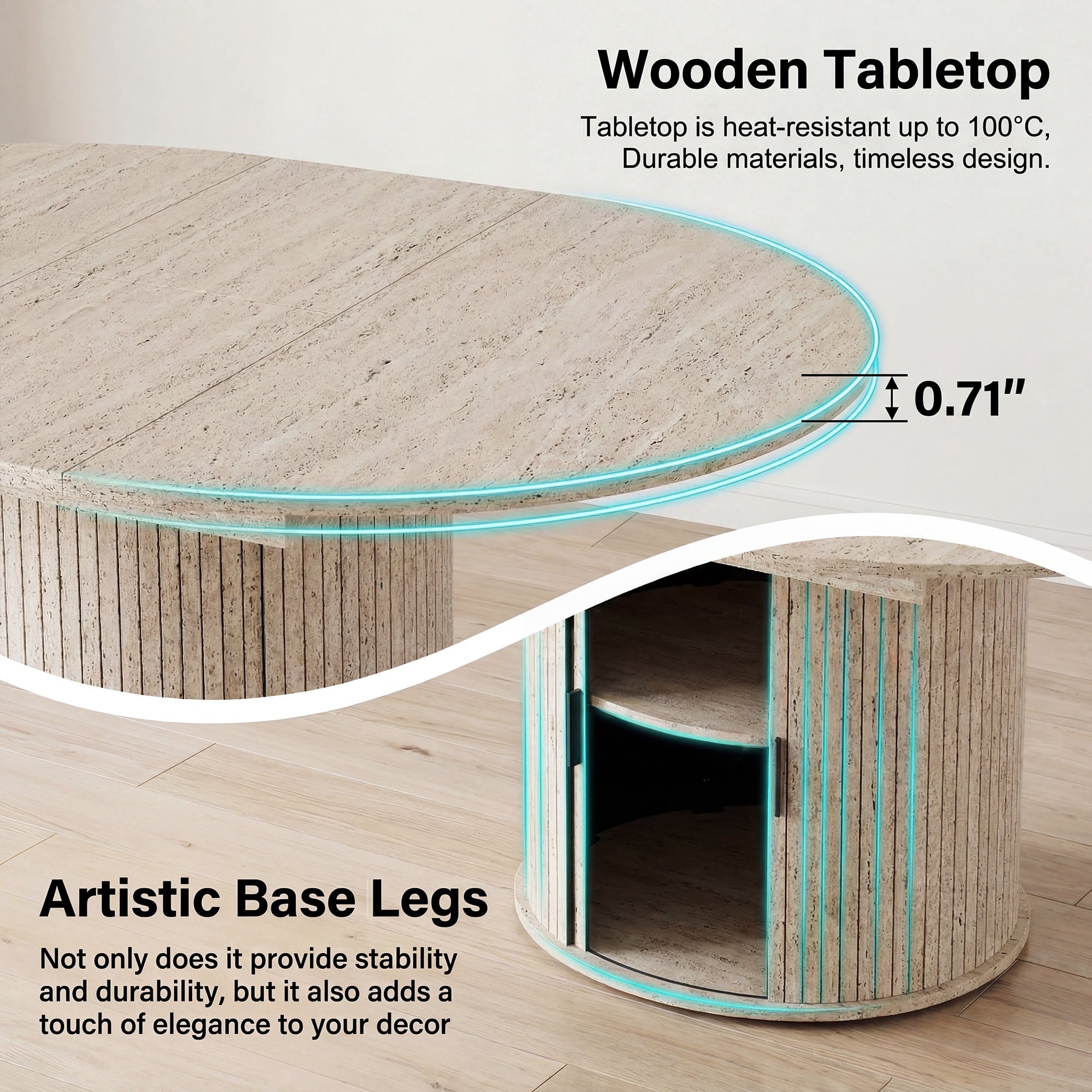 EOP 47″- 63″ Extendable Round Dining Table for 4-6, Wooden Kitchen Table with Hidden Storage and Fluted Sliding Door Cabinet, Modern Space-Saving Table for Dining Room Kitchen, Walnut