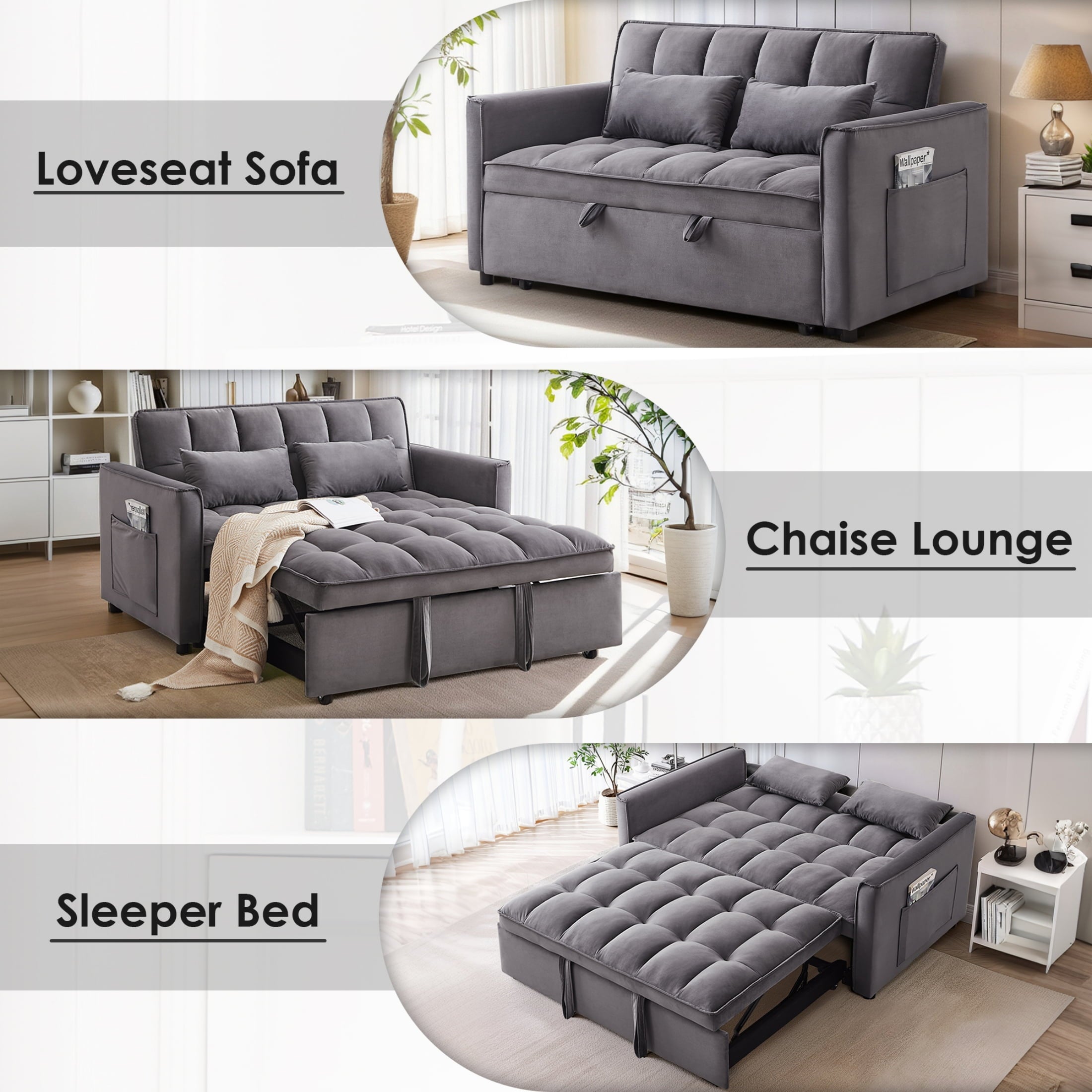 Anpport 3-in-1 Convertible Sleeper Sofa Bed, Pull-Out Loveseat Couch with Adjustable Back for Small Spaces, Velvet Fabric, 55, Dark Gray