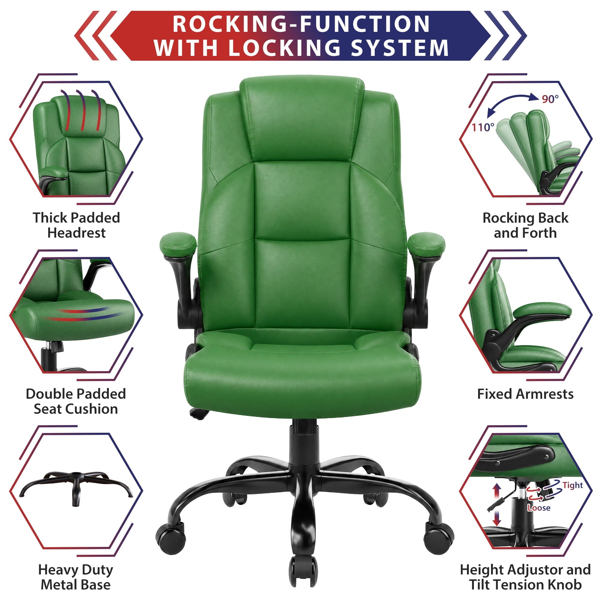 JONPONY Leather Office Chair, Big and Tall 500lbs Ergonomic Desk Chairs with Back Support, Executive Leather Chair with Wheels for Home Office, with Adjustable Padded Armrest & Lumbar Support , Black