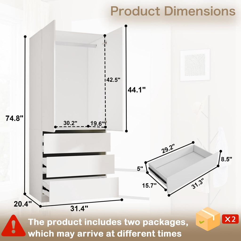 74.8''H Wooden Wardrobe Closet with 3 Drawers & Hanging Rod, 2-Door Armoire Cabinet with Smooth Drawer Slides for Bedroom