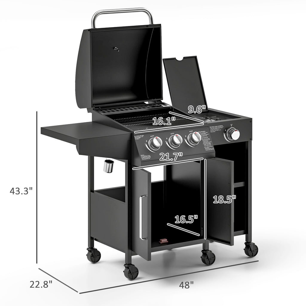 Outsunny 3 Burner Gas Grill with Side Burner, 9.5 KW Output, 310 Sq. in. Cooking Area, Cabinet Style Propane BBQ Grill with Shelves, Black