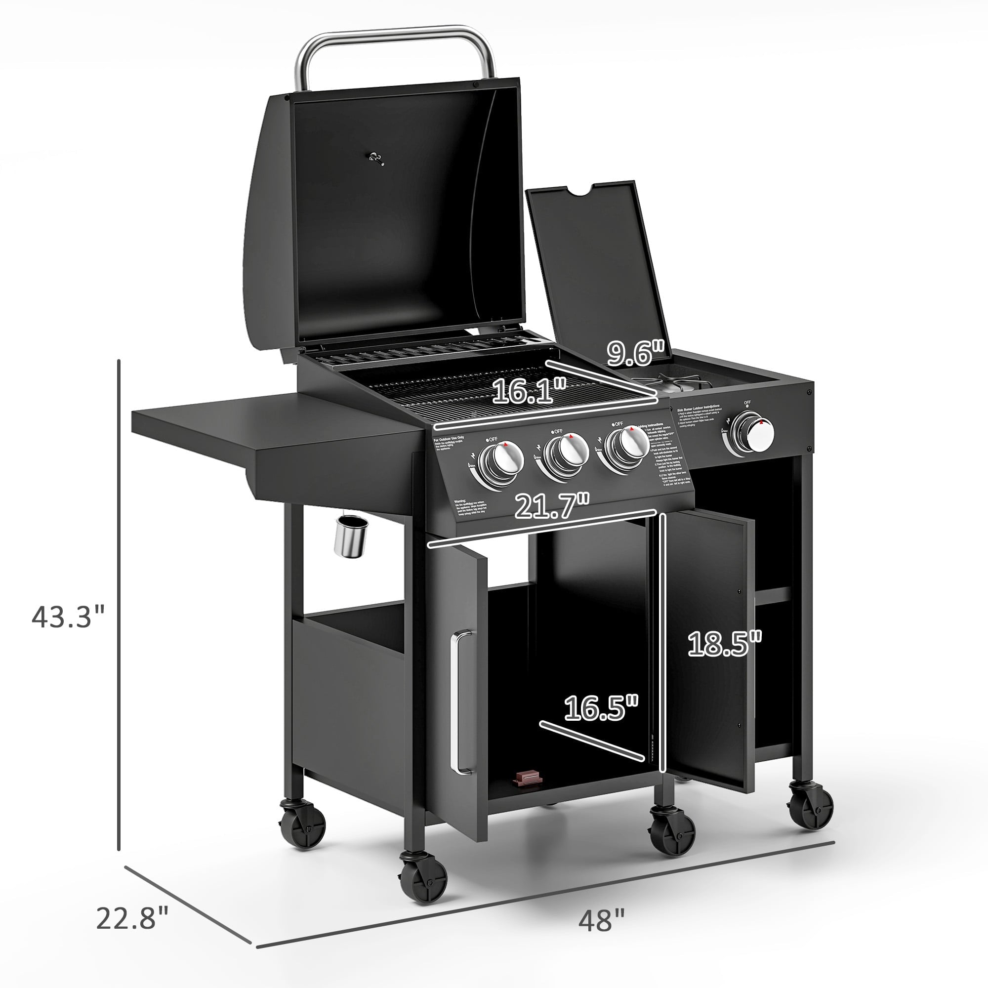 Outsunny 3 Burner Gas Grill with Side Burner, 9.5 KW Output, 310 Sq. in. Cooking Area, Cabinet Style Propane BBQ Grill with Shelves, Black