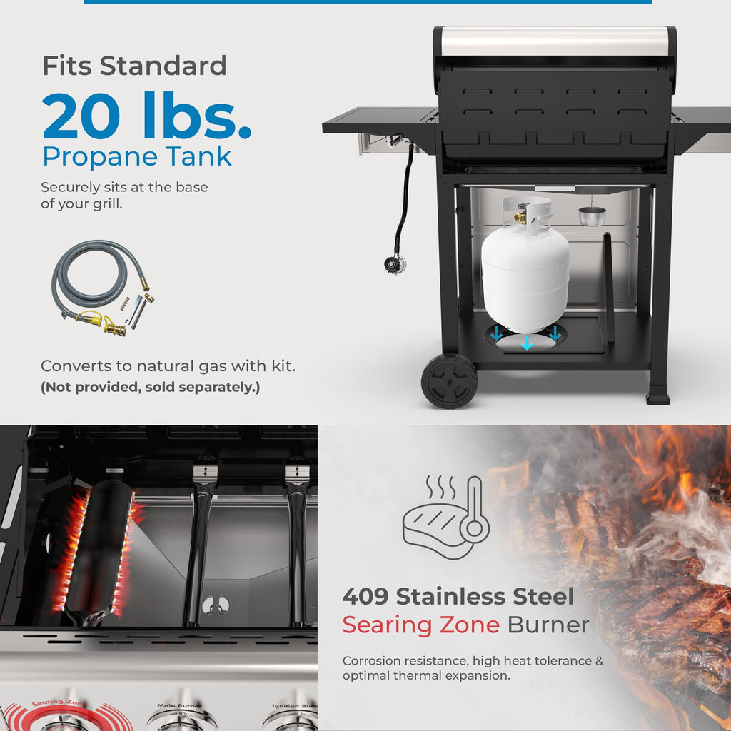 Kenmore 4-Burner Outdoor Propane Gas Grill with Side Burner, Open Cart, Stainless Steel