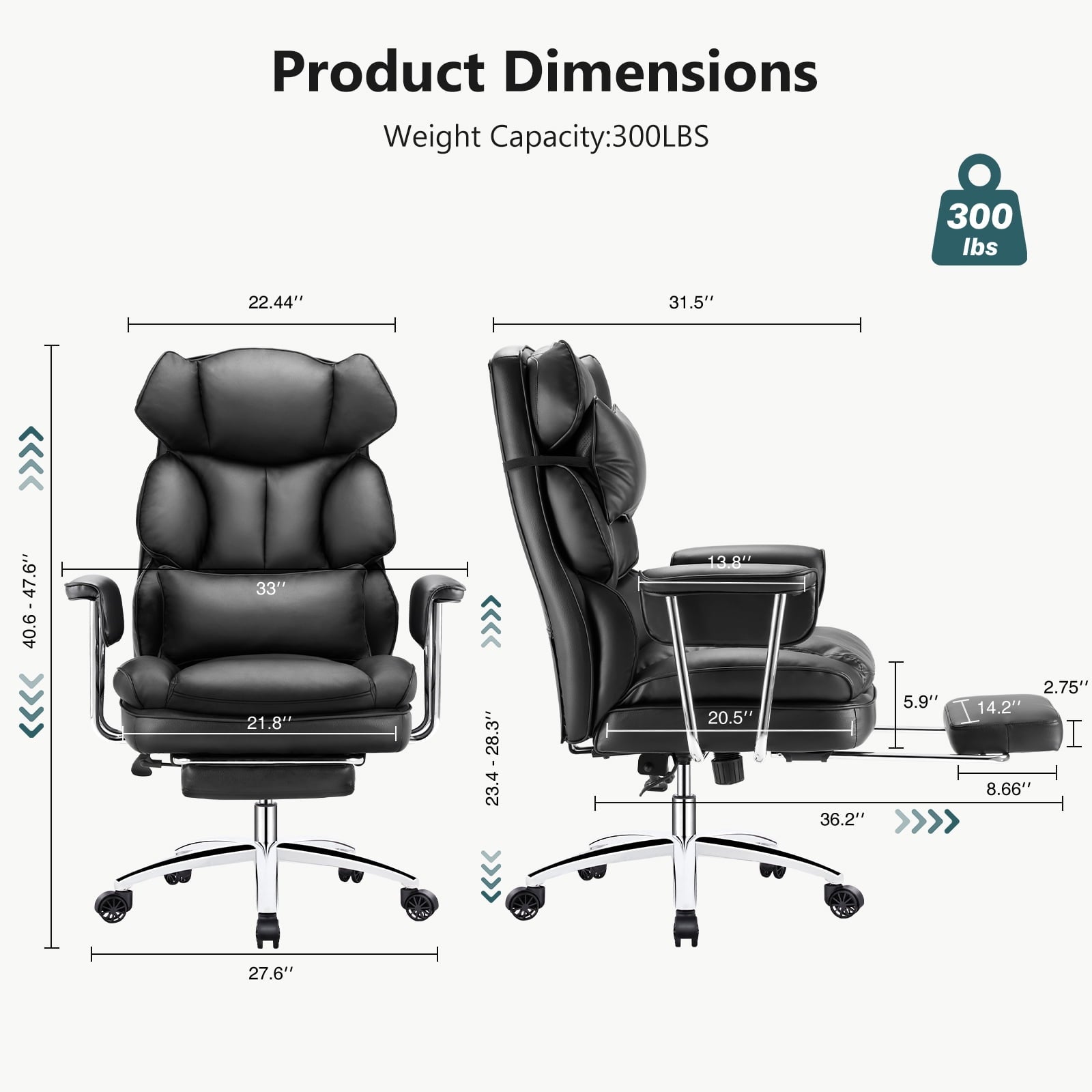 edx Executive Home Office Desk Chair, Ergonomic Big Tall High Back with Footrest & Lumbar Support, Reclining Comfy PU Leather Computer Gaming Chair with Swivel Wheels, Height Adjustable, Black