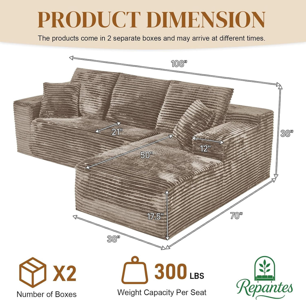 LLappuil 108 Sectional Sofa, Modular Sectional Couch with Left Chaise, Deep Seat Corduroy Cloud Sofa for Living Room Black