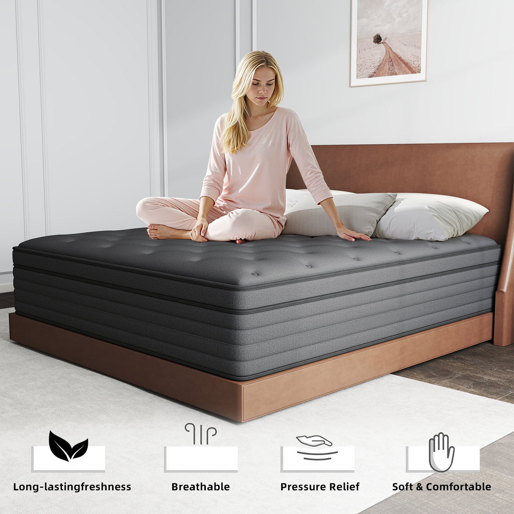 Kviwasha Queen Mattress 14 inch Hybrid Gel Memory Foam & Pocket Innerspring, Pressure-Relief, Medium Firm Mattress