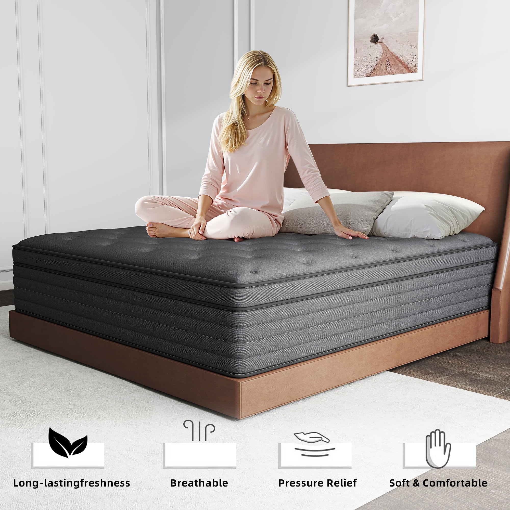Kviwasha Queen Mattress 14 inch Hybrid Gel Memory Foam & Pocket Innerspring, Pressure-Relief, Medium Firm Mattress