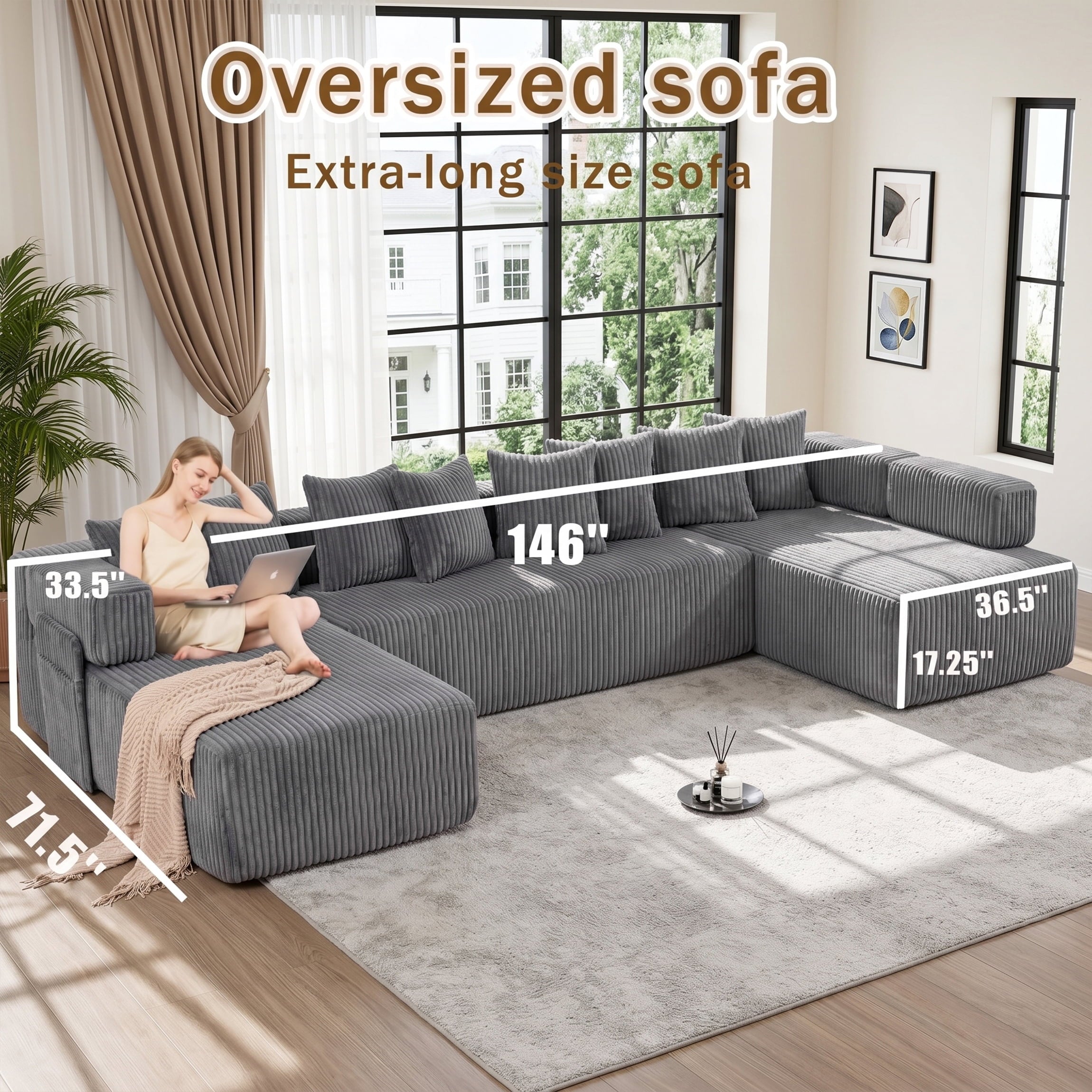 SOULART 138.5 U Shaped Sectional Couch,Gray Cloud Boneless Sofa For Living Room,Plush Corduroy Couches With Deep Seat Chaise Lounge,No Assembly Required